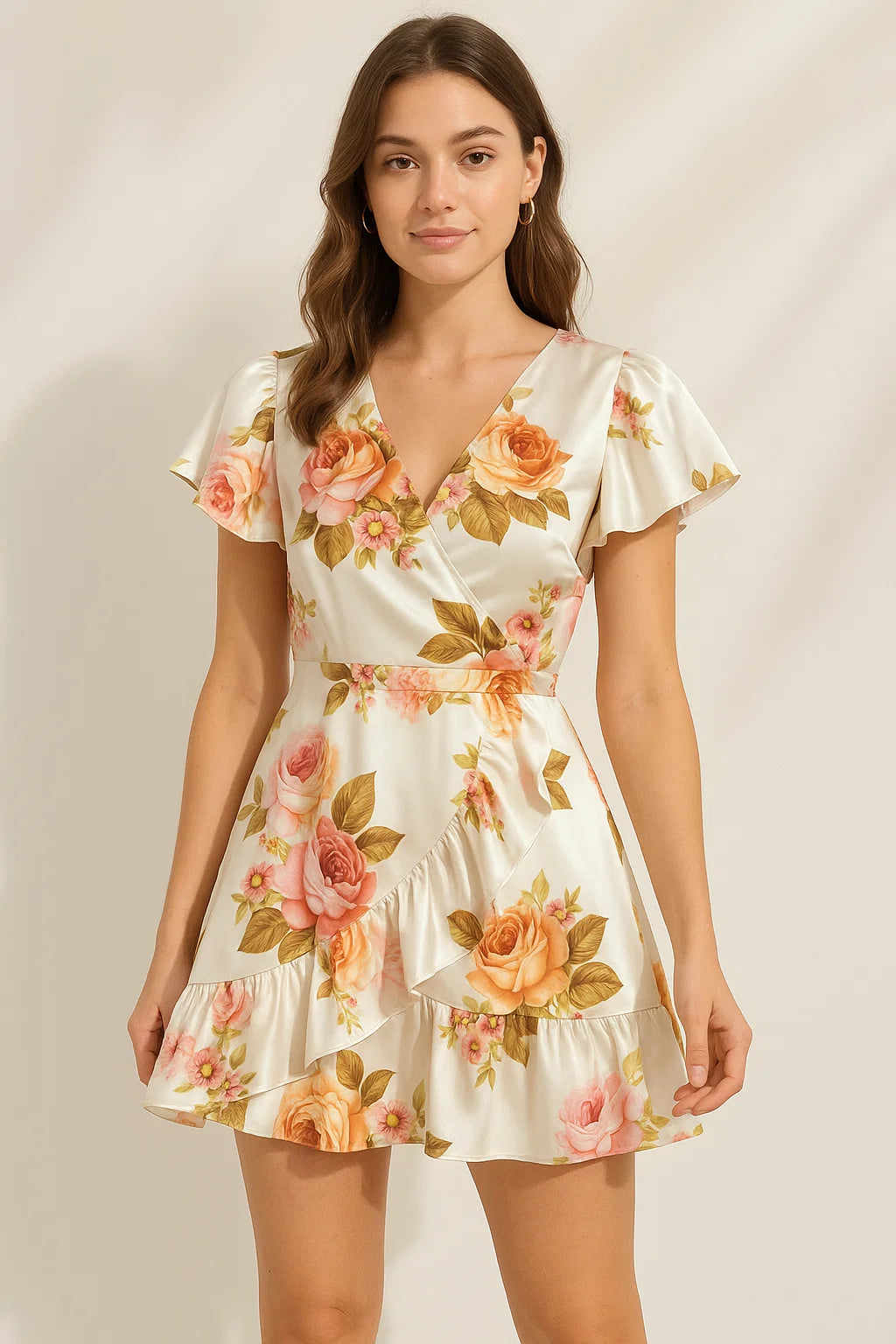 Beautiful Floral Golden Roses With Shiny Digital Printed Fabric - Japan Satin