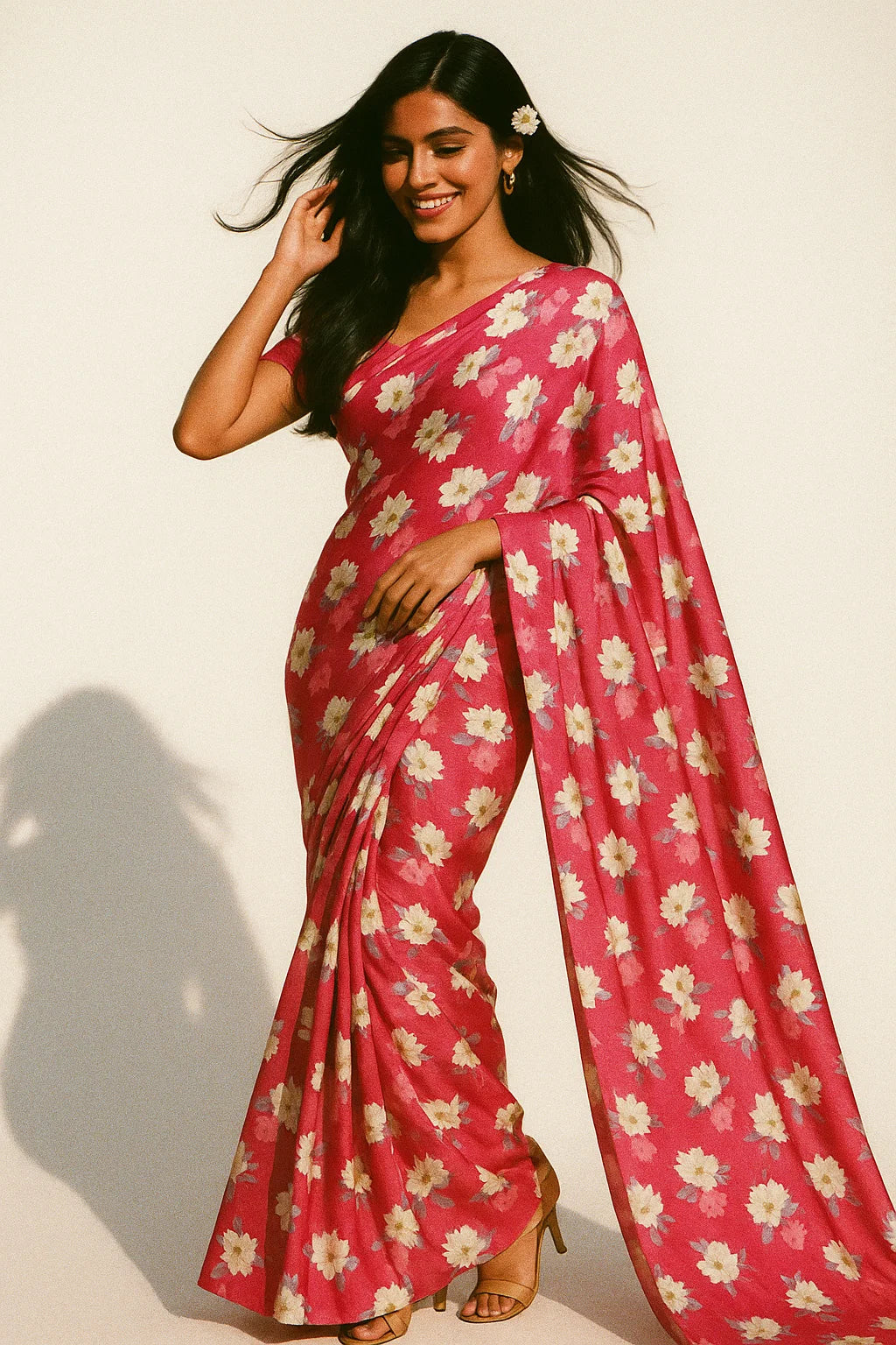 Attractive White Daffodil Flower Digital Printed Fabric - Japan Satin