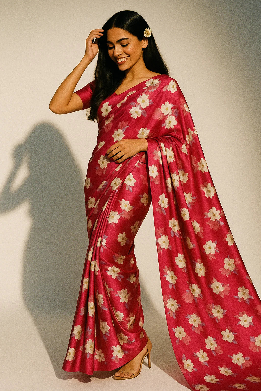 Attractive White Daffodil Flower Digital Printed Fabric - Japan Satin