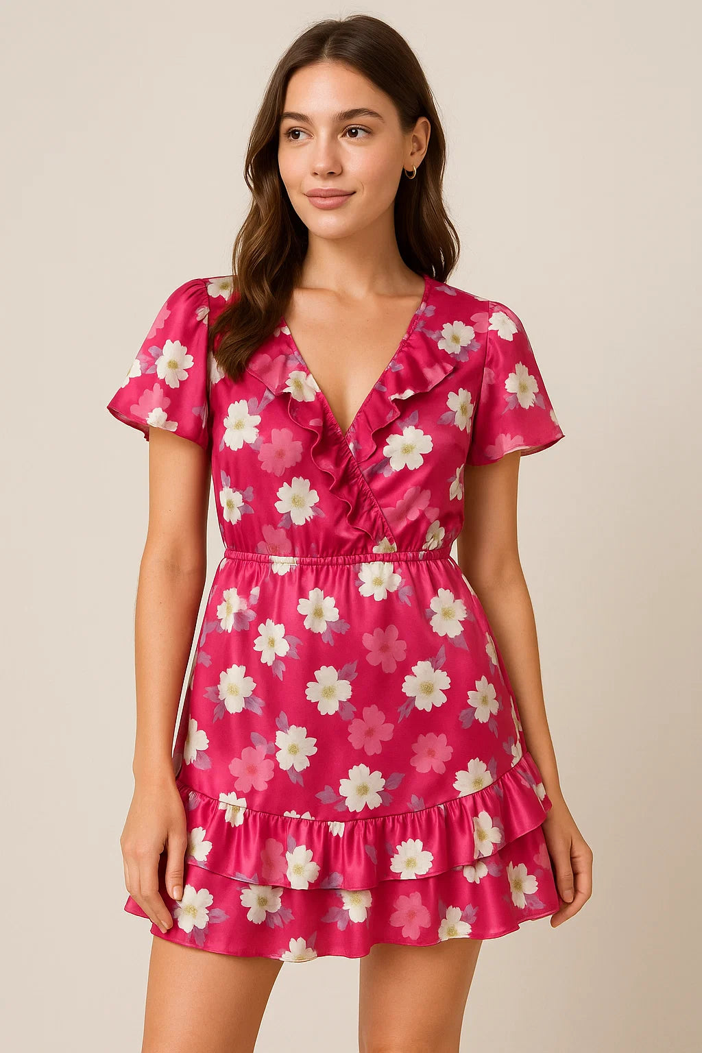 Attractive White Daffodil Flower Digital Printed Fabric - Japan Satin