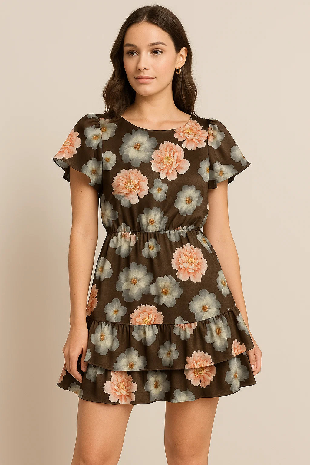 Blooming Orange Roses With Grey Digital Printed Fabric - Japan Satin