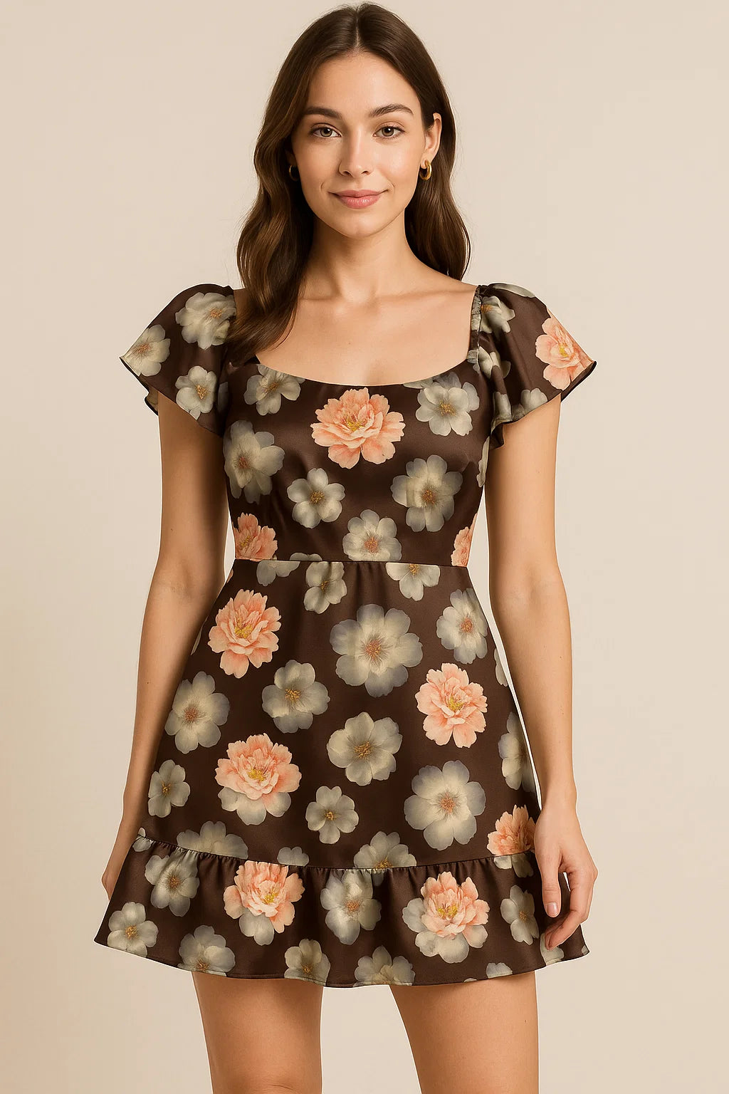 Blooming Orange Roses With Grey Digital Printed Fabric - Japan Satin