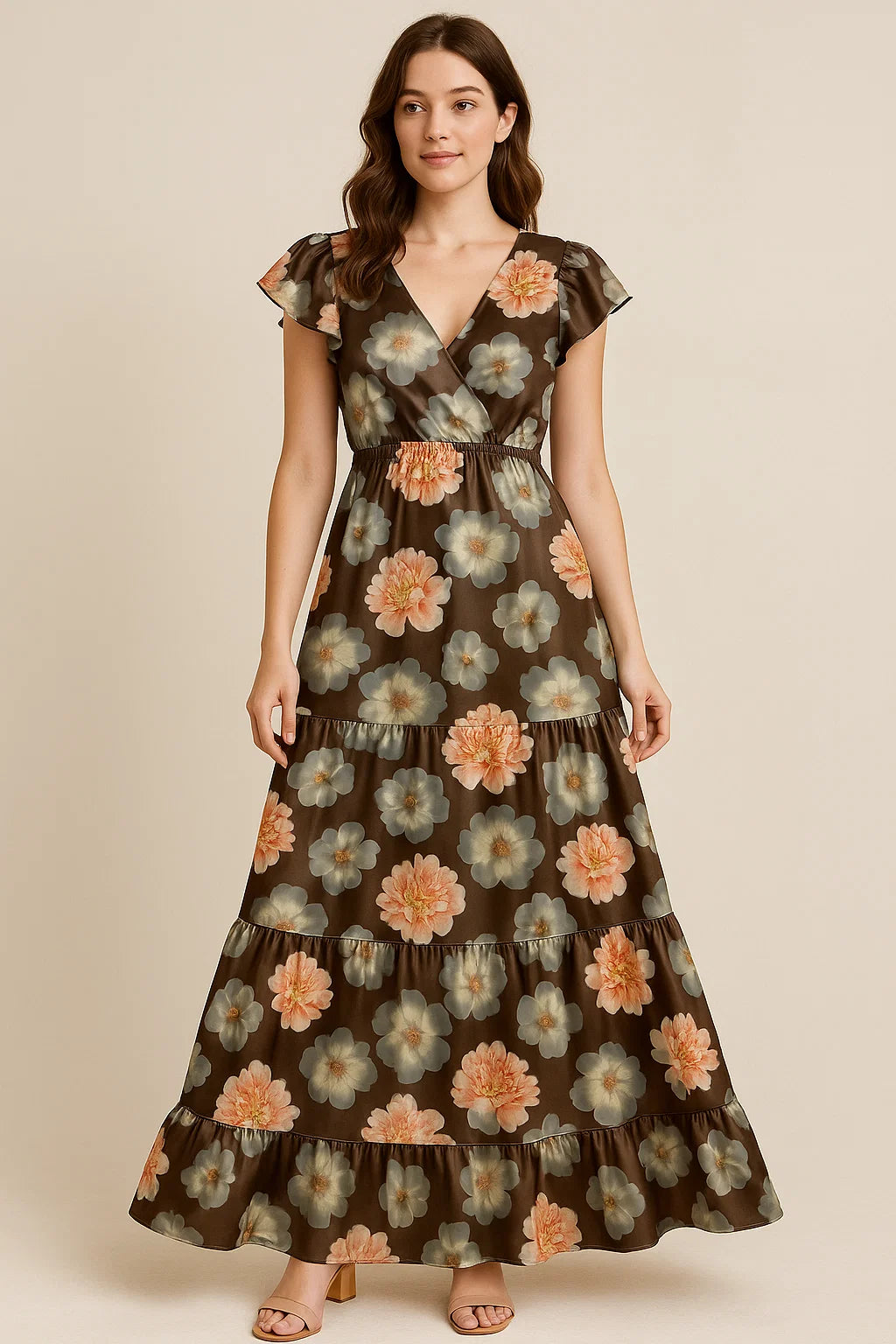 Blooming Orange Roses With Grey Digital Printed Fabric - Japan Satin