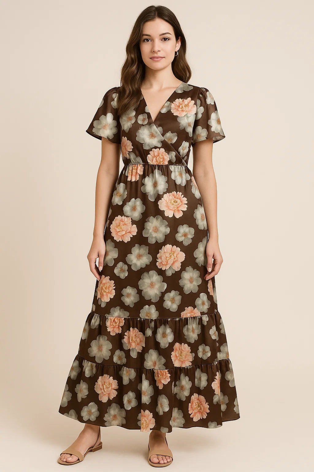 Blooming Orange Roses With Grey Digital Printed Fabric - Japan Satin