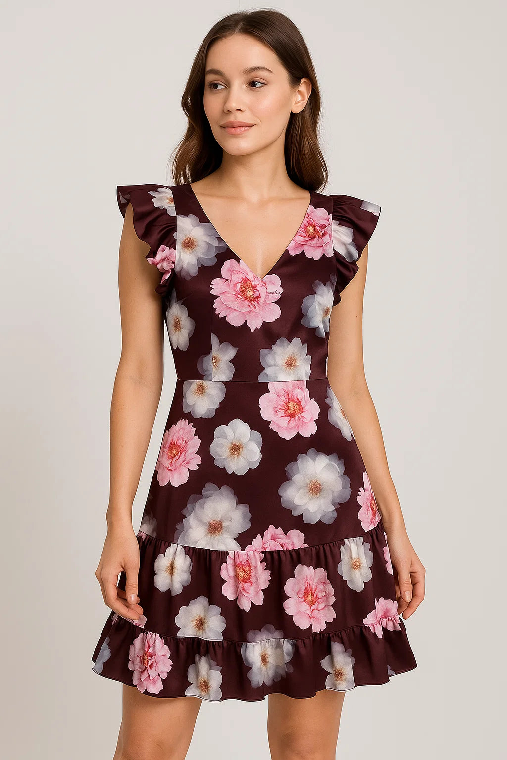 Attractive Pink Roses With Grey Digital Printed Fabric - Japan Satin