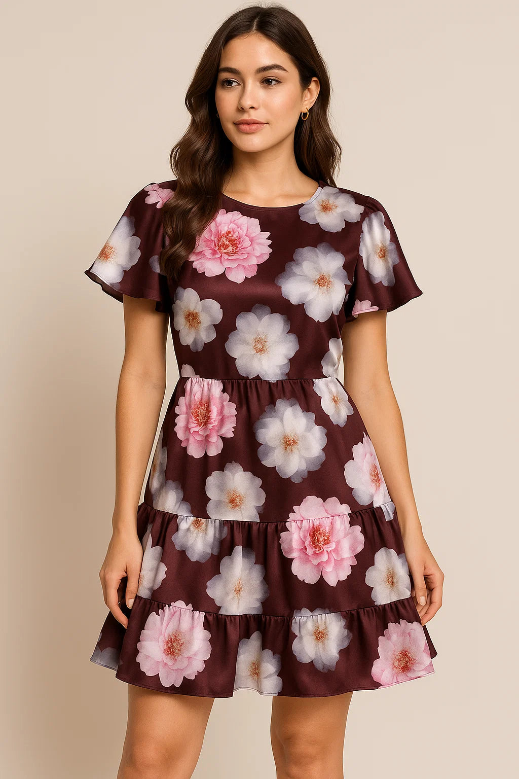 Attractive Pink Roses With Grey Digital Printed Fabric - Japan Satin