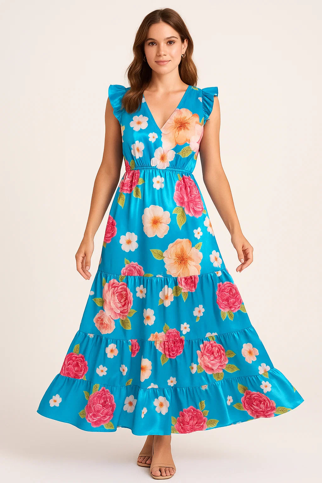 Beautiful Multicolour Anemone Roses Digital Printed Fabric - Japan Satin