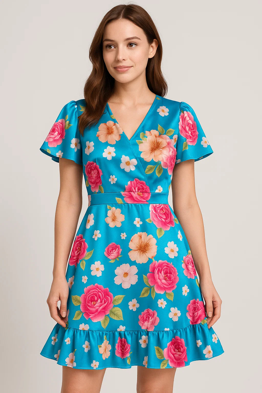 Beautiful Multicolour Anemone Roses Digital Printed Fabric - Japan Satin