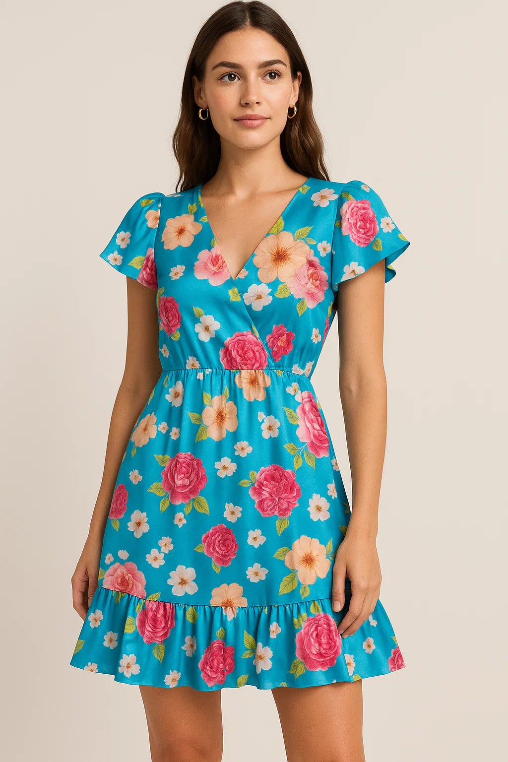 Beautiful Multicolour Anemone Roses Digital Printed Fabric - Japan Satin