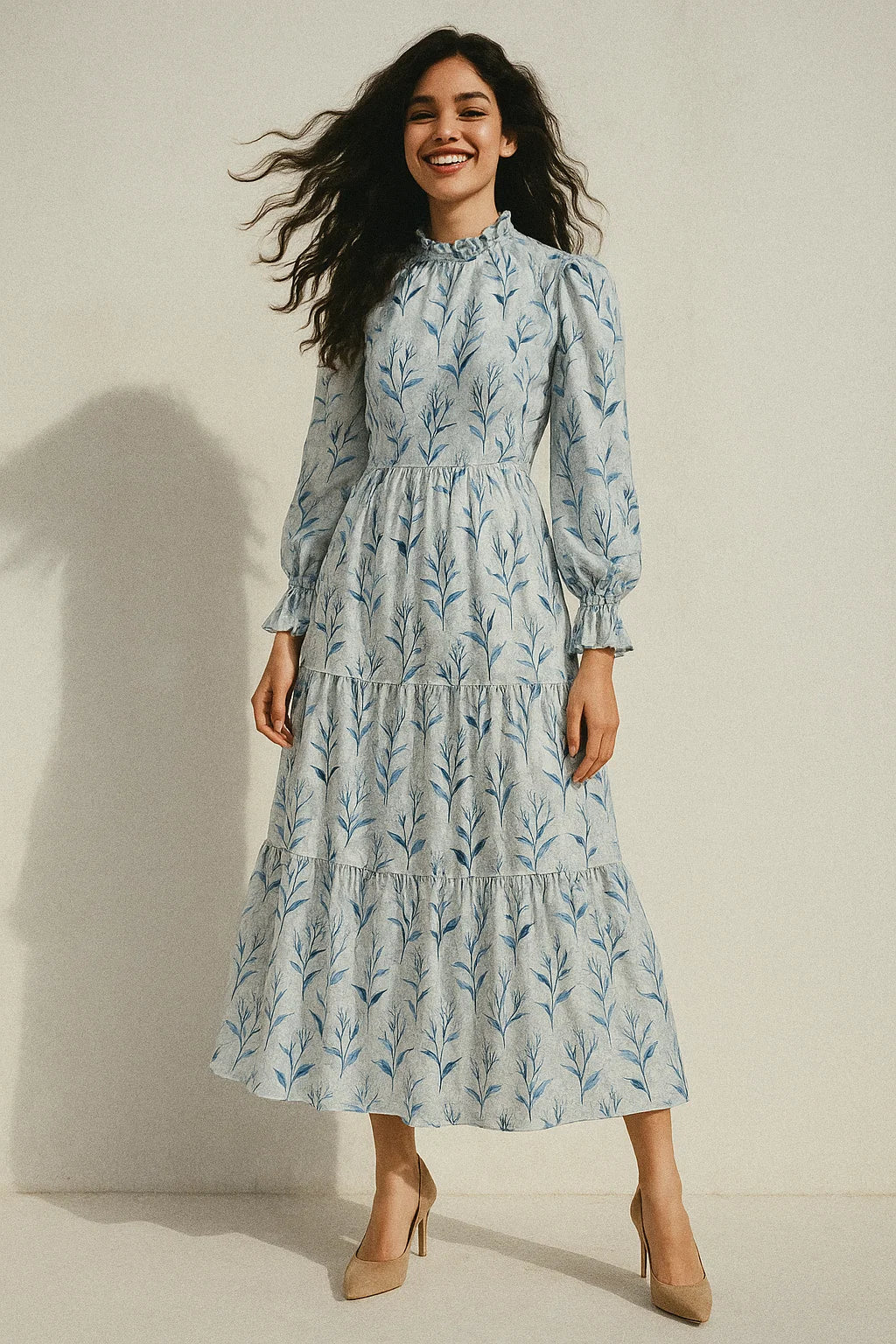 Attractive Blue Bud Water Paint Shadow Digital Printed Fabric - Japan Satin