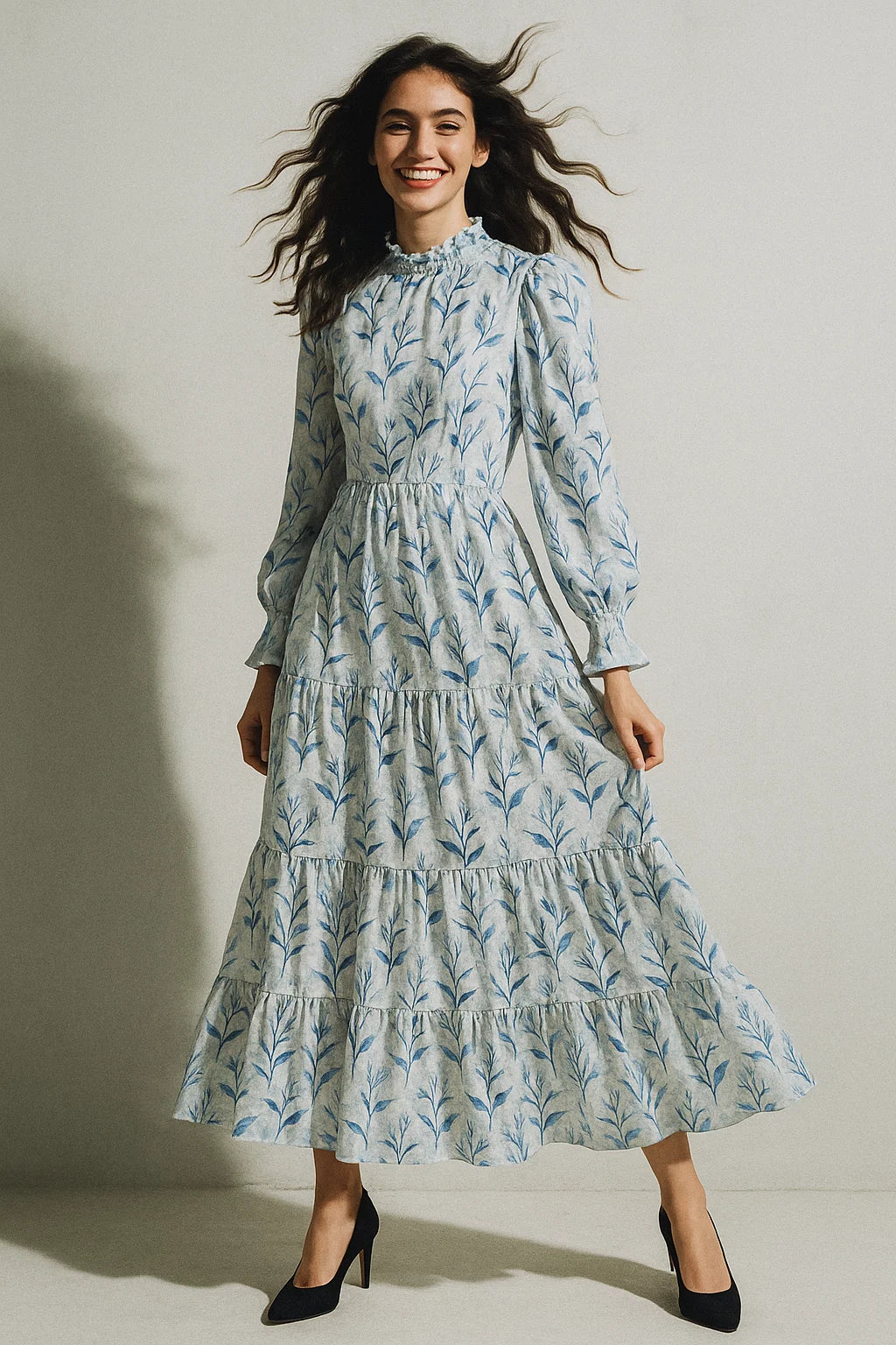 Attractive Blue Bud Water Paint Shadow Digital Printed Fabric - Japan Satin