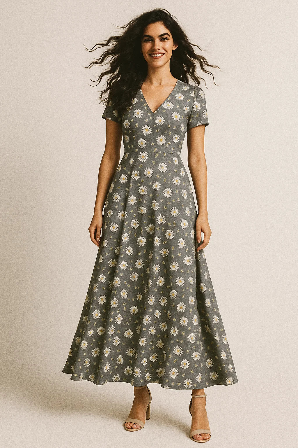 White Aster With Gray Background Digital Printed Fabric - Japan Satin