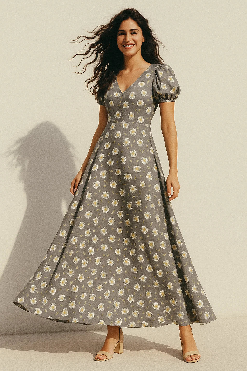 White Aster With Gray Background Digital Printed Fabric - Japan Satin