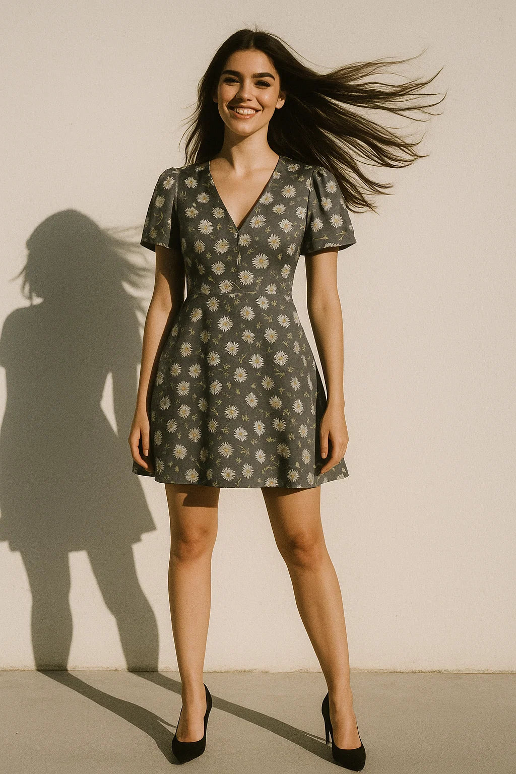 White Aster With Gray Background Digital Printed Fabric - Japan Satin