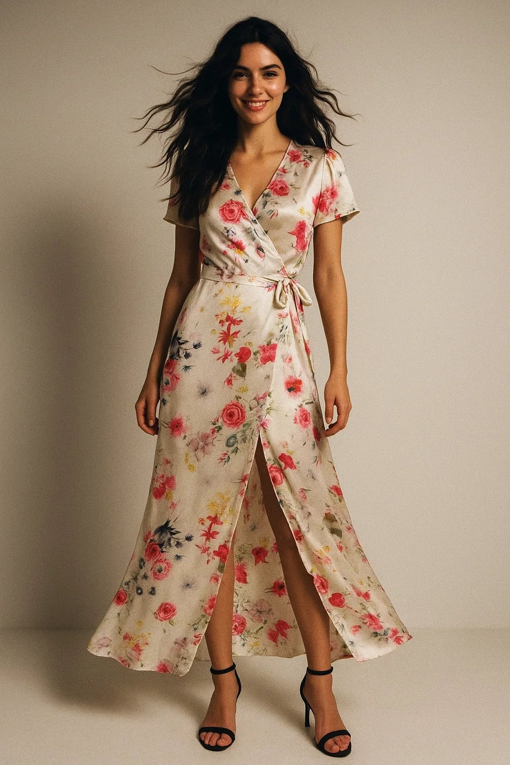 Beautifull Red And Pink Camellia Rose Of Branch Digital Printed Fabric - Japan Satin