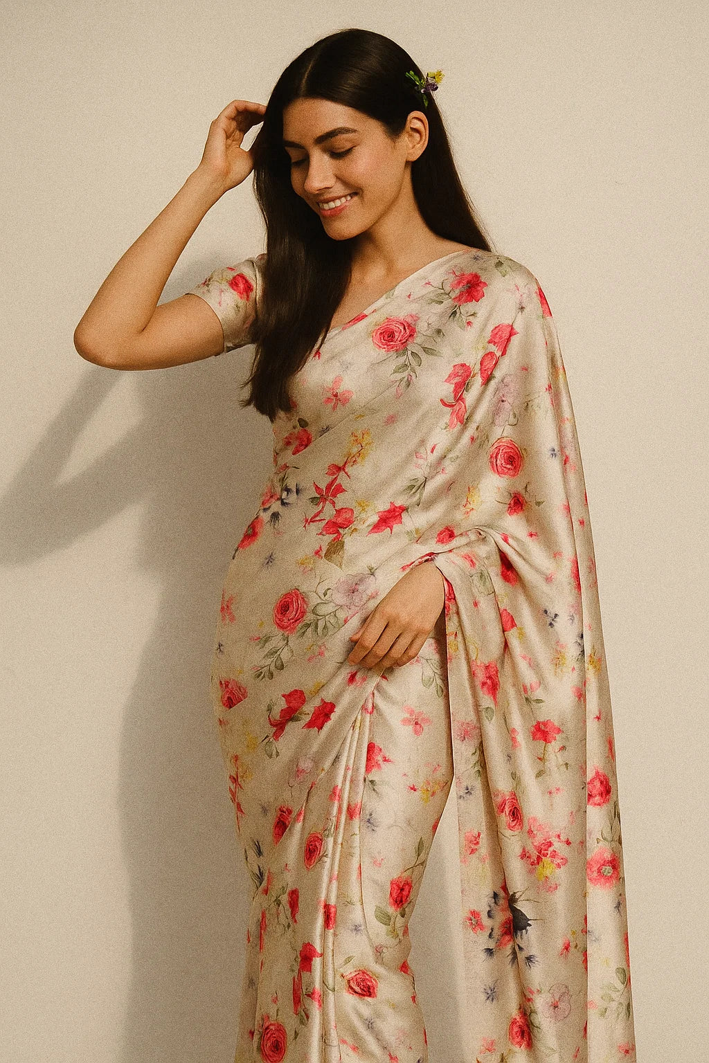 Beautifull Red And Pink Camellia Rose Of Branch Digital Printed Fabric - Japan Satin