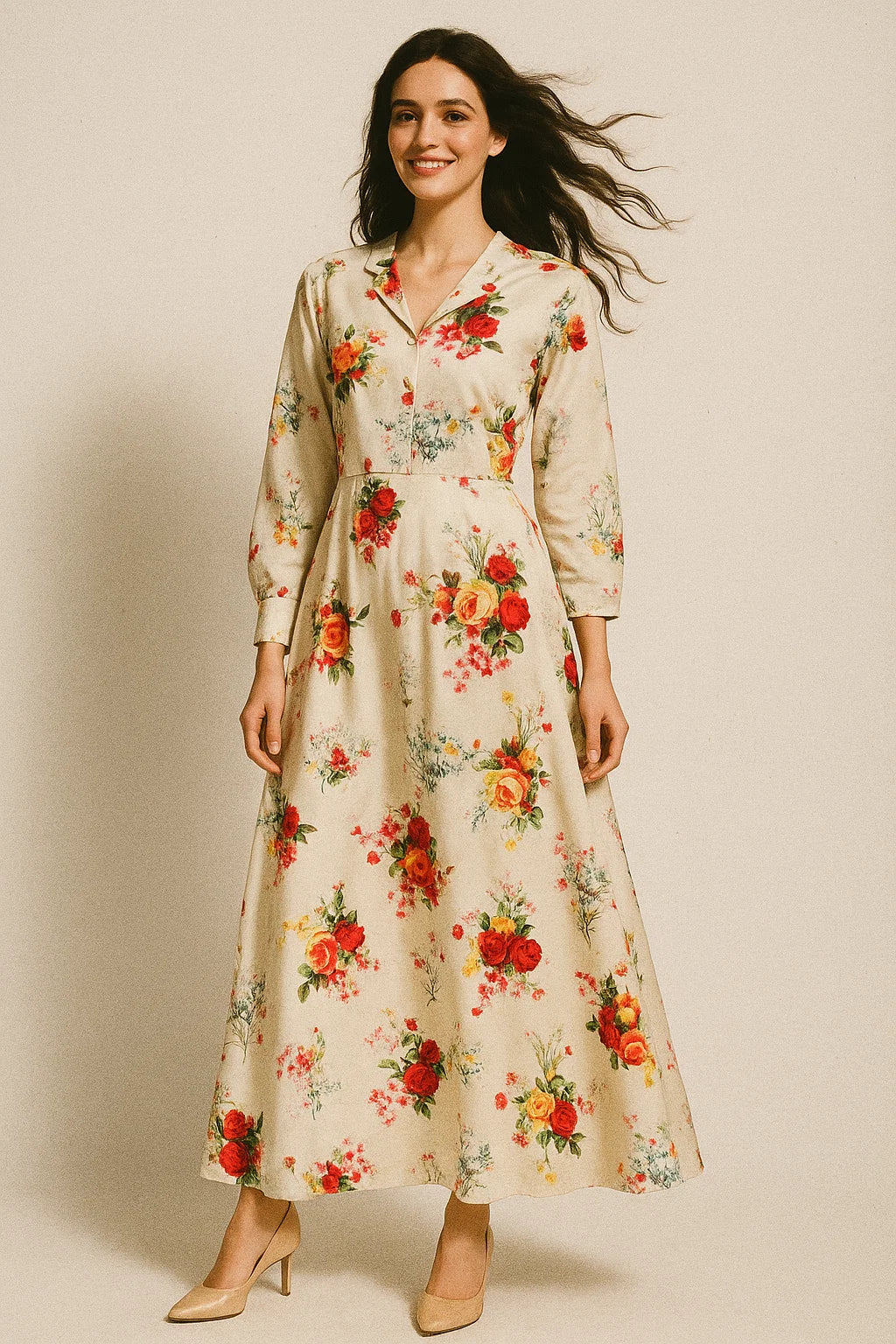 Multicolour Red And Yellow Roses Digital Printed Fabric - Japan Satin