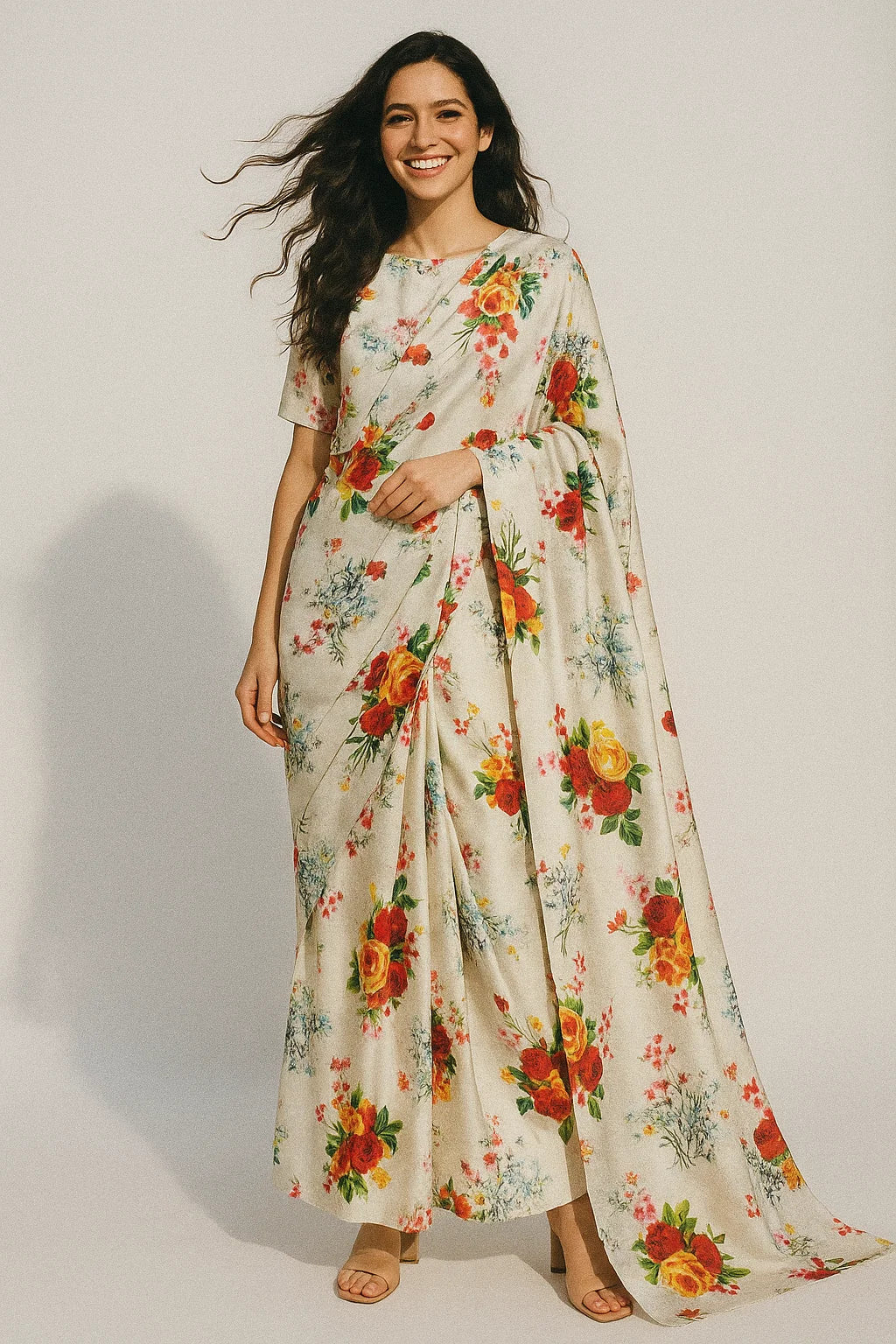 Multicolour Red And Yellow Roses Digital Printed Fabric - Japan Satin