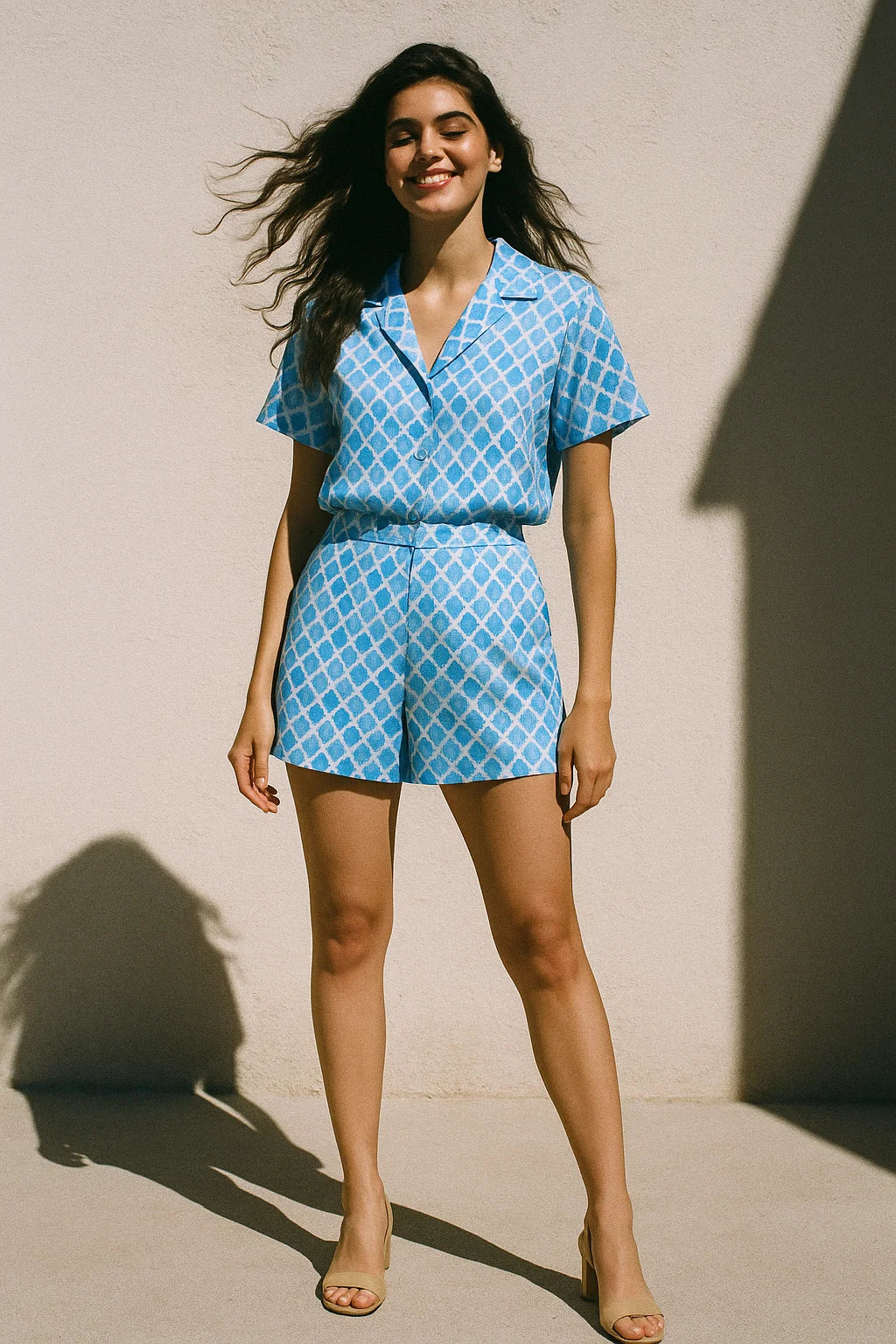 Blue Lattice Lovely Seamless Digital Printed Fabric - Japan Satin