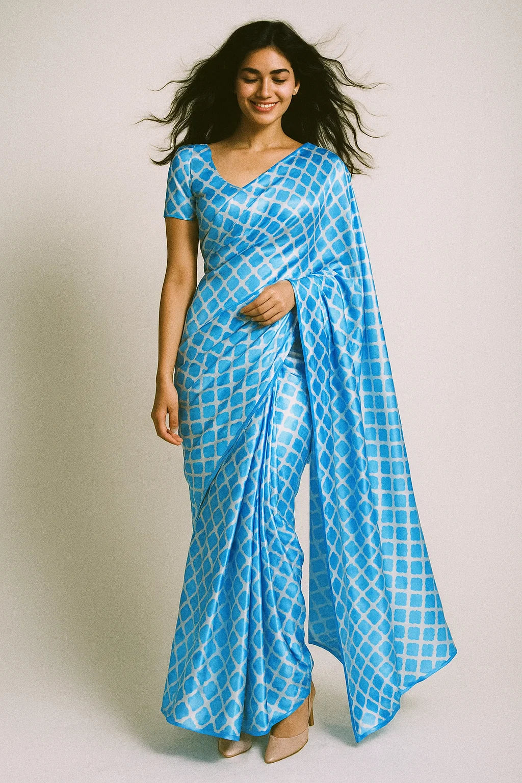 Blue Lattice Lovely Seamless Digital Printed Fabric - Japan Satin