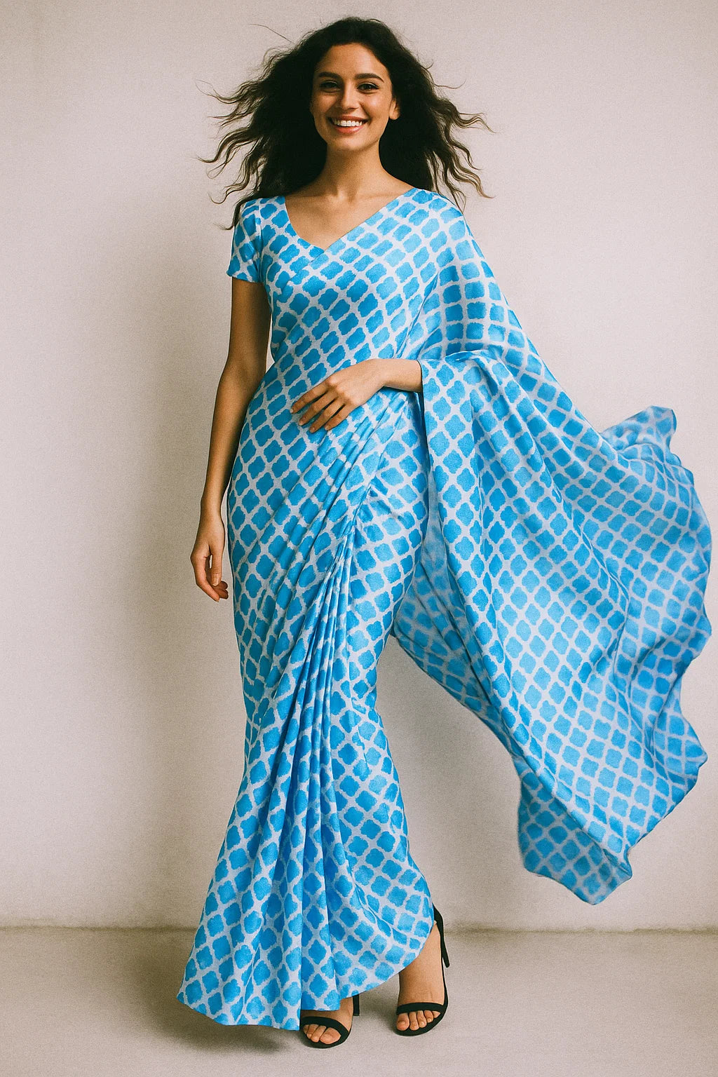 Blue Lattice Lovely Seamless Digital Printed Fabric - Japan Satin