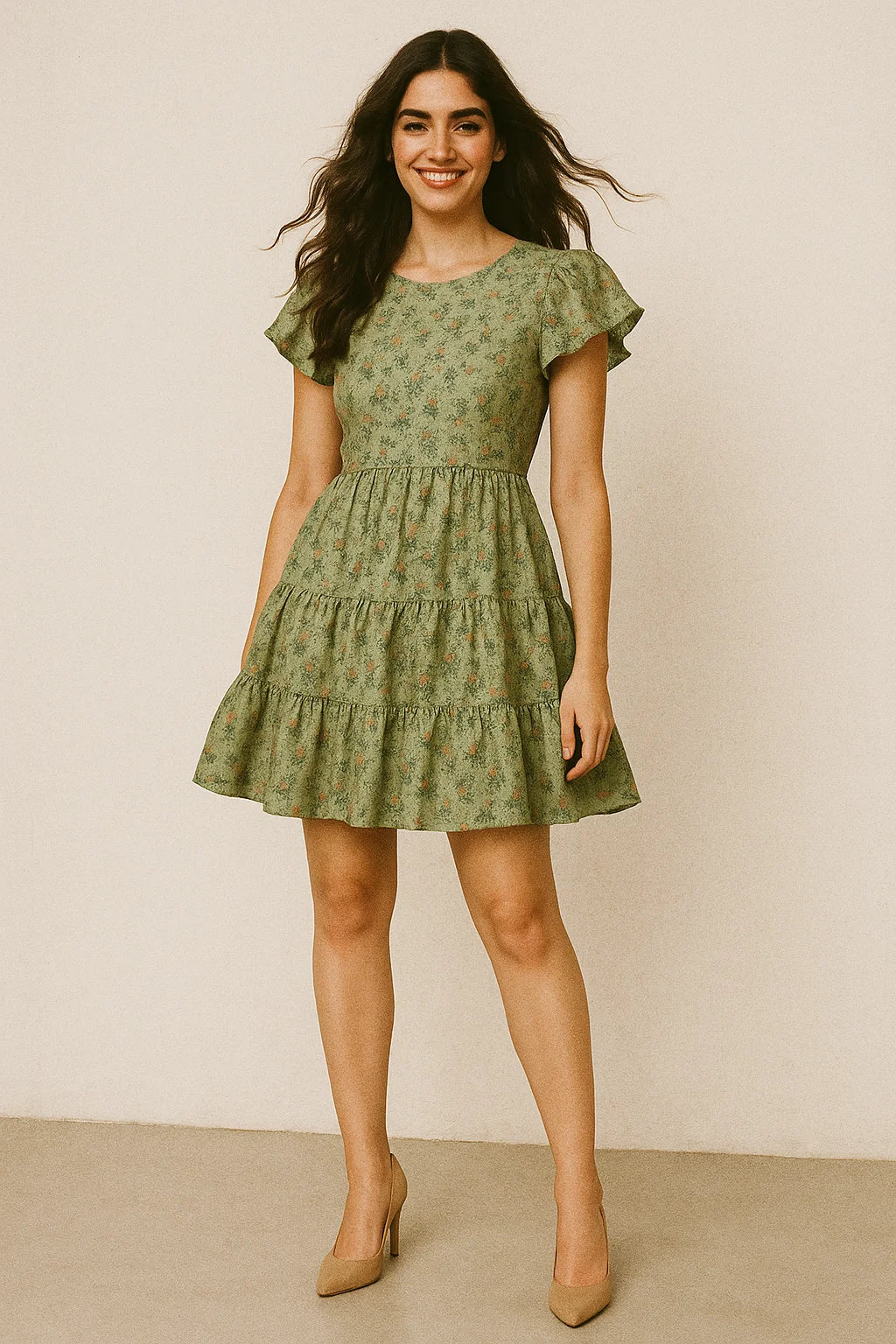 Beautiful Green Seamless Motif Flower Digital Printed Fabric - Japan Satin