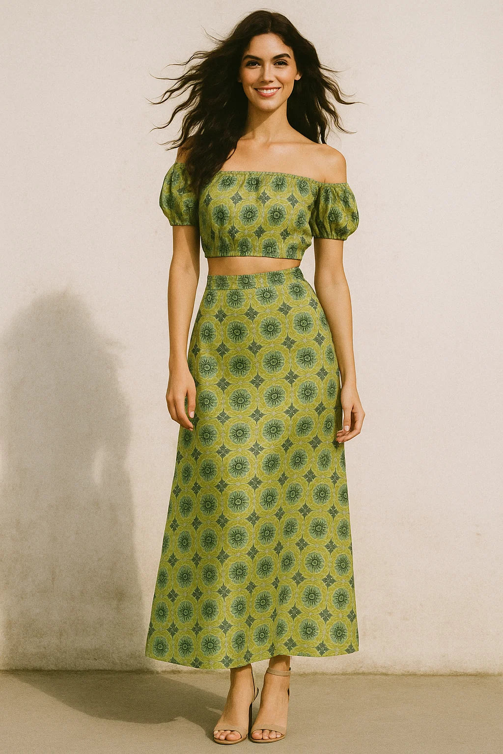 Attractive Tiny Green Link Flower Digital Printed Fabric - Japan Satin