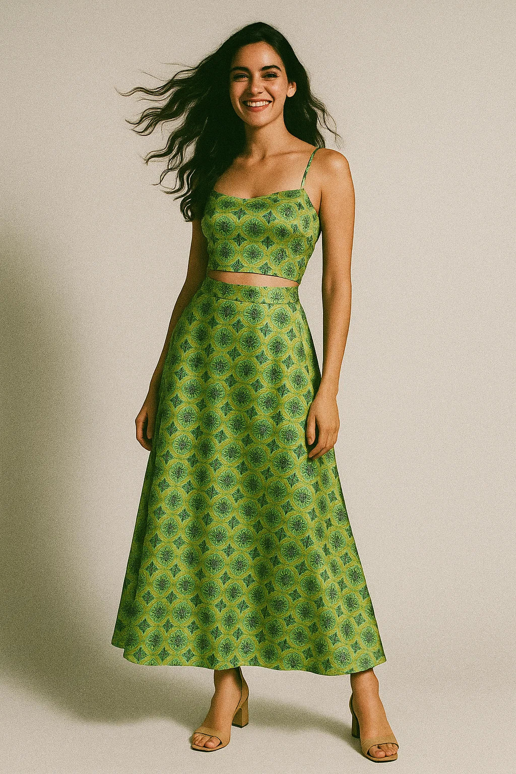 Attractive Tiny Green Link Flower Digital Printed Fabric - Japan Satin