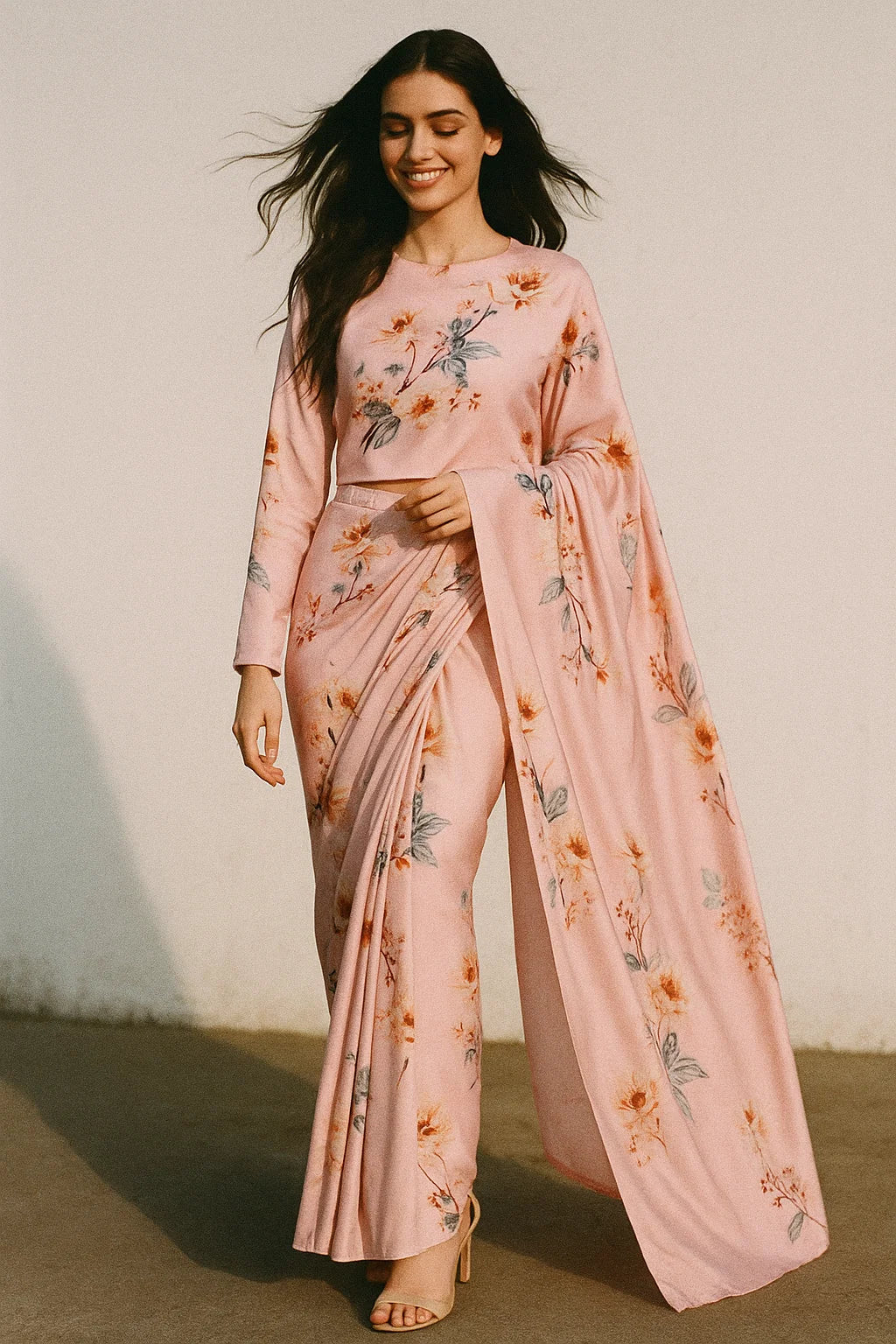 Camellia With Watusi Colour Digital Printed Fabric - Japan Satin