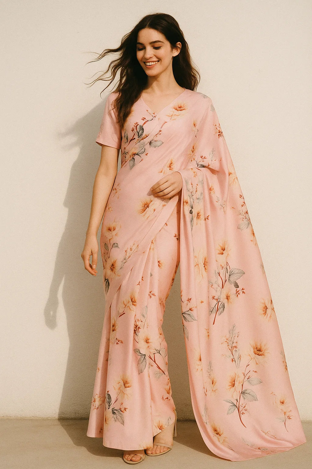 Camellia With Watusi Colour Digital Printed Fabric - Japan Satin