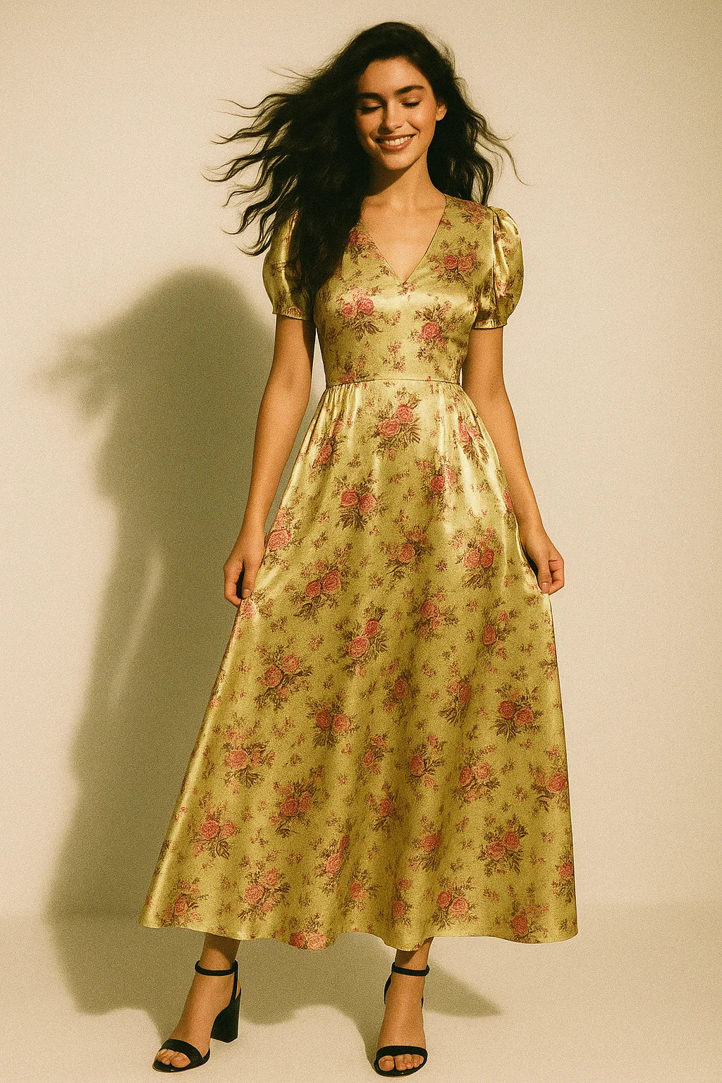 Chrysanthemum And Roses Bunch Digital Printed Fabric - Japan Satin