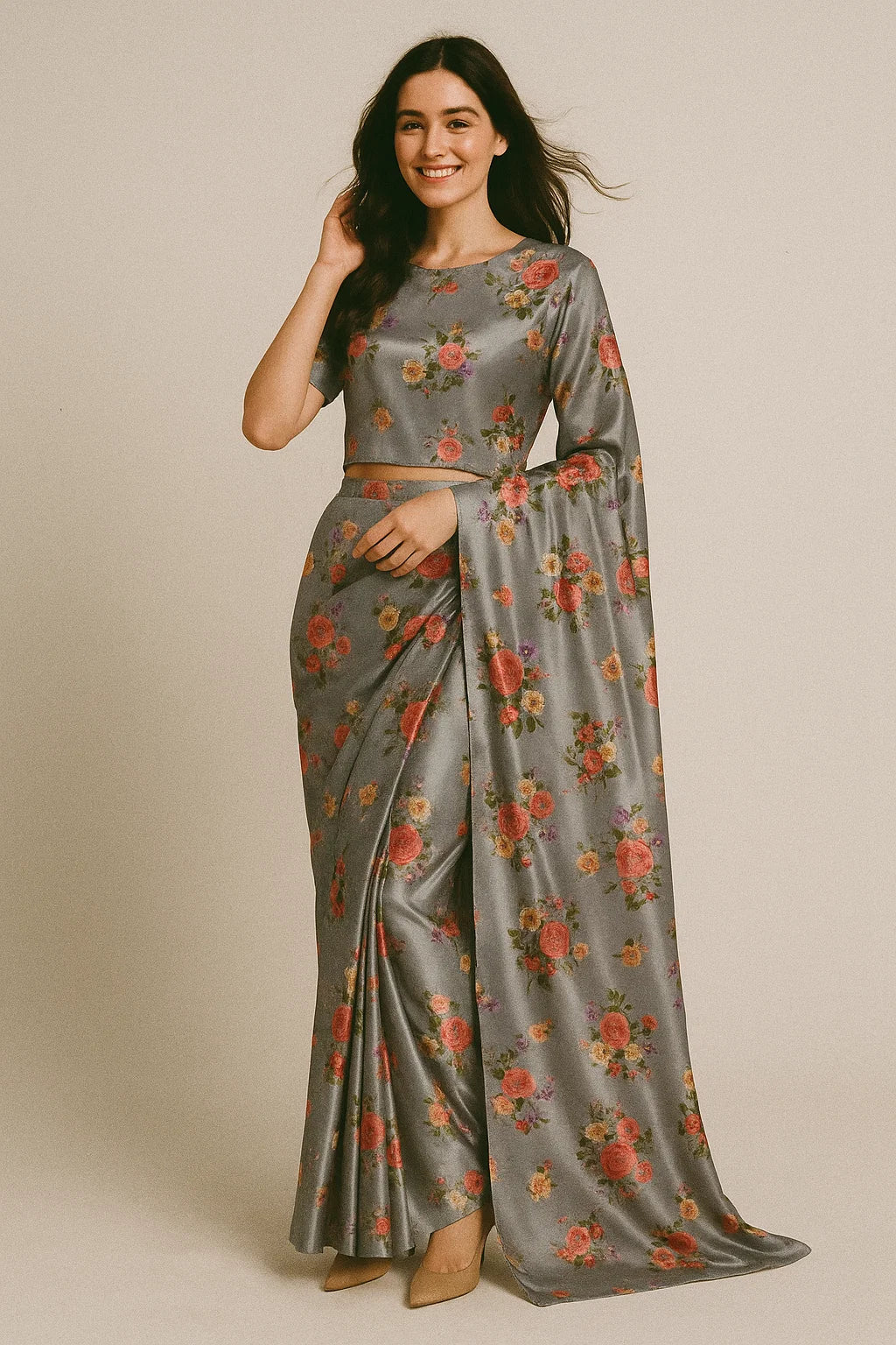 Natural Colourful Roses Digital Printed Fabric - Japan Satin