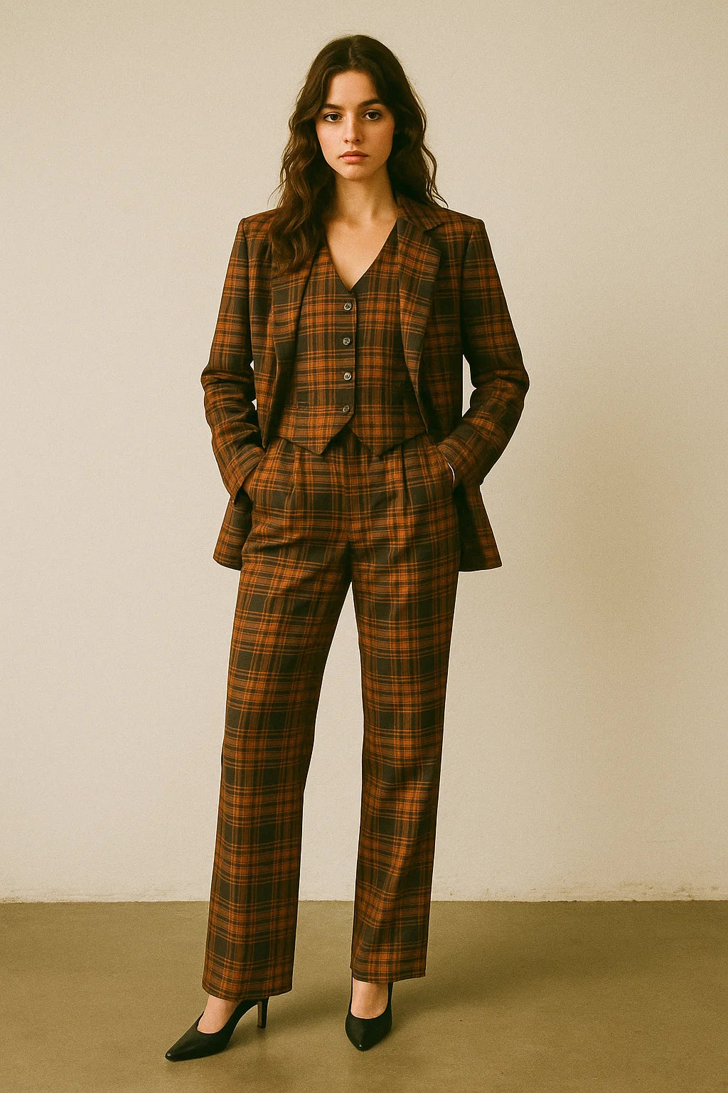 Morden Browny Checkered Digital Printed Fabric - Japan Satin