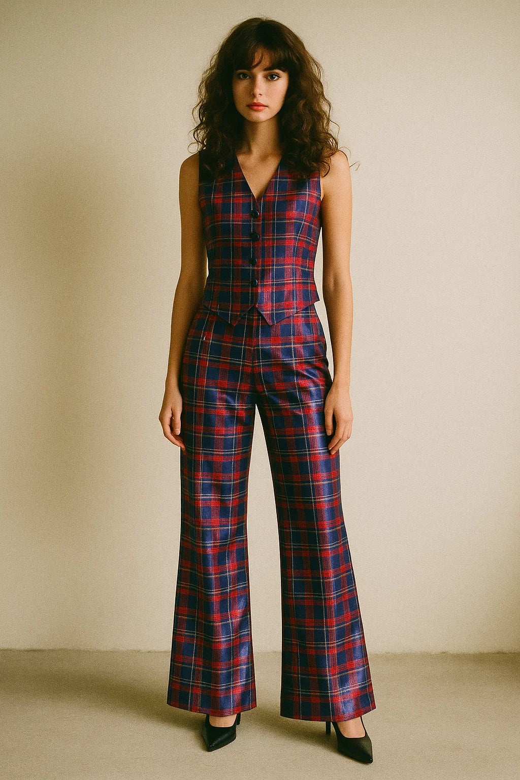 Gingham Pattern With Red And Blue Colour Digital Printed Fabric - Japan Satin