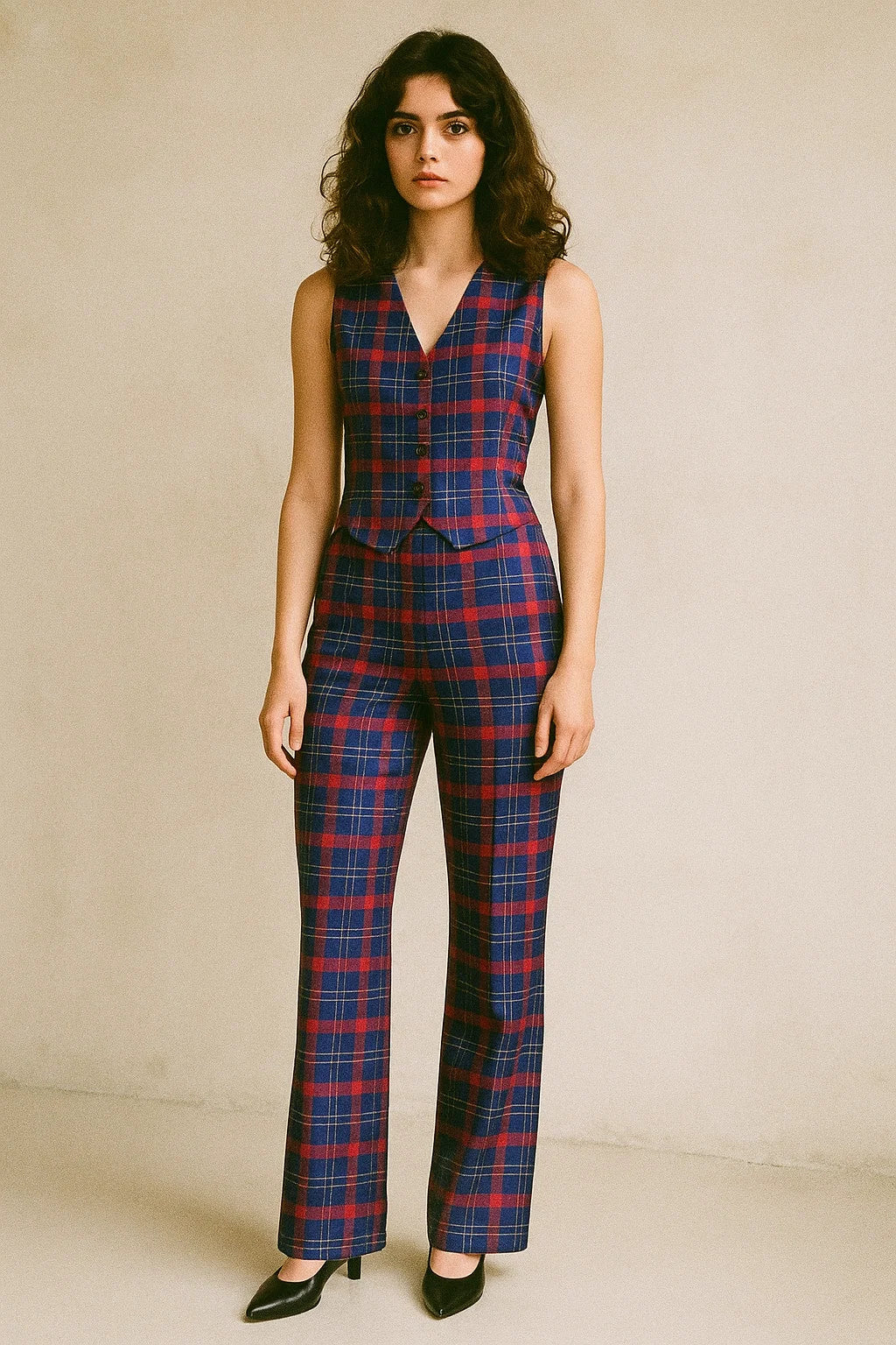 Gingham Pattern With Red And Blue Colour Digital Printed Fabric - Japan Satin