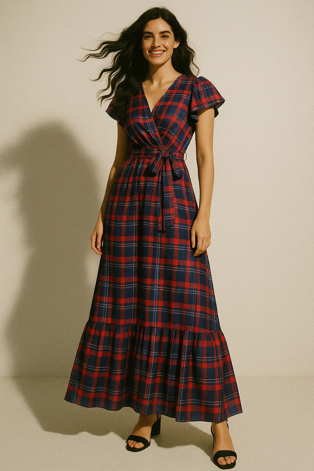 Gingham Pattern With Red And Blue Colour Digital Printed Fabric - Japan Satin