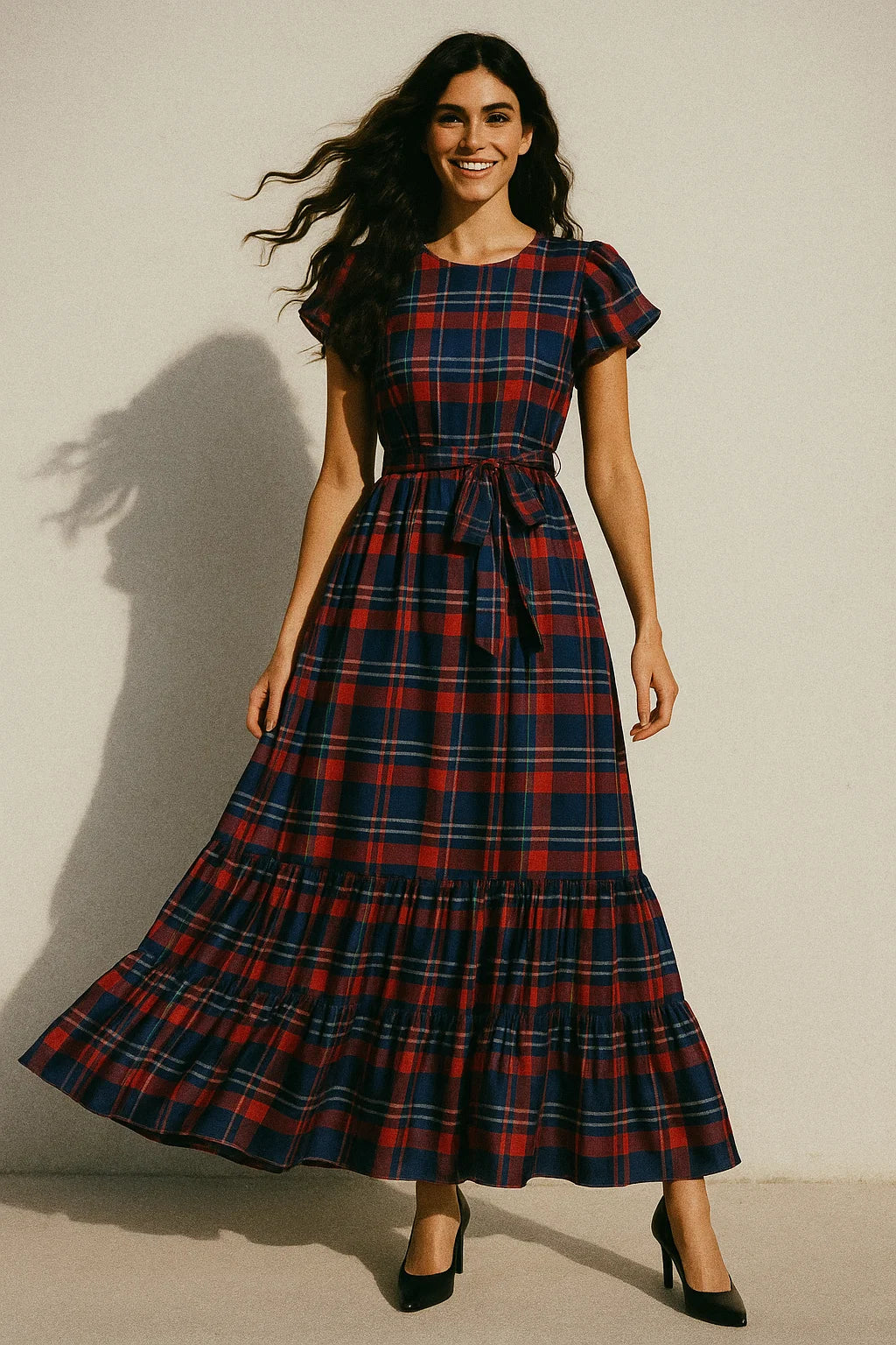 Gingham Pattern With Red And Blue Colour Digital Printed Fabric - Japan Satin