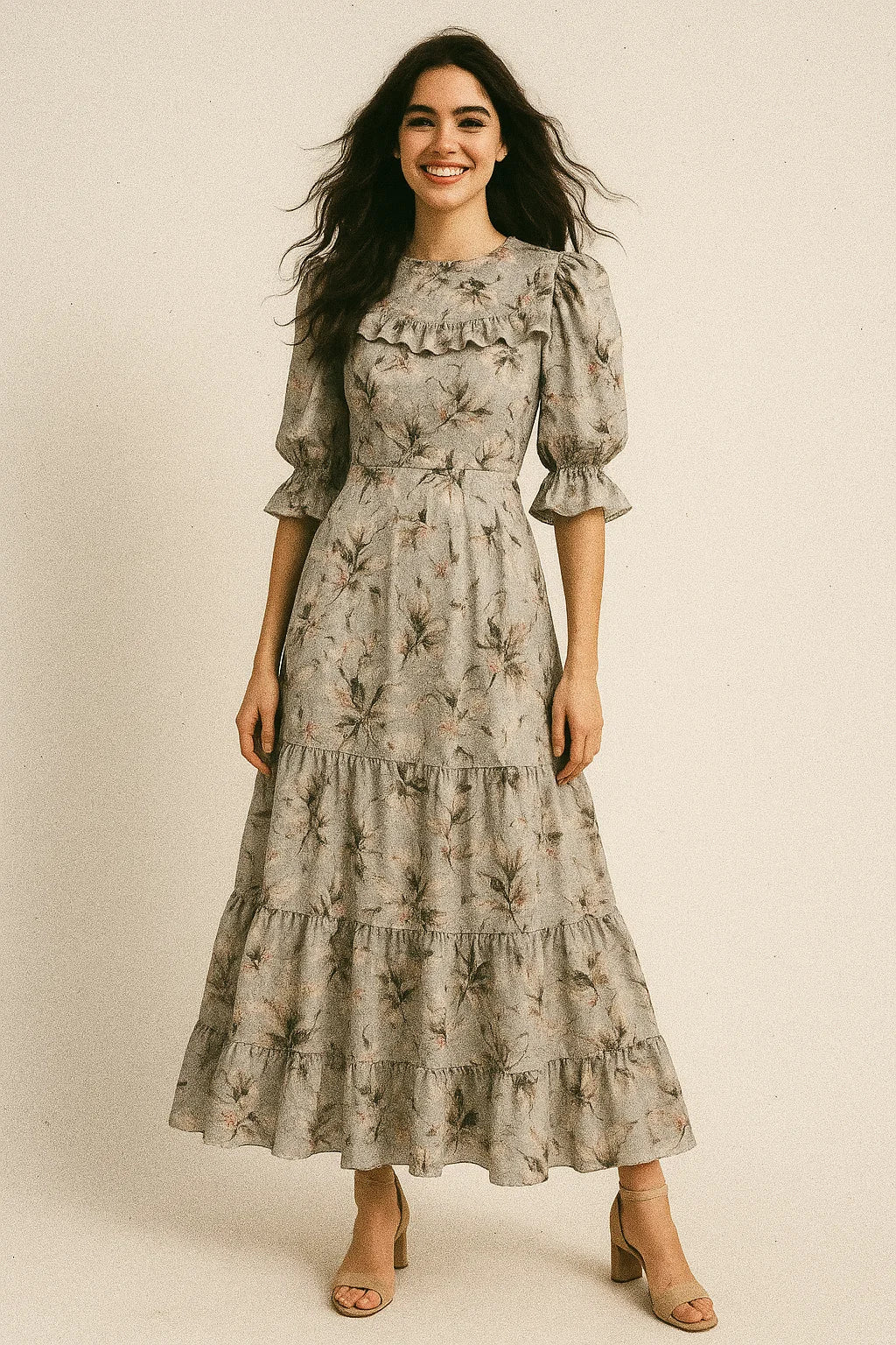 Royal Vintage Greyish Leafs Digital Printed Fabric - Japan Satin