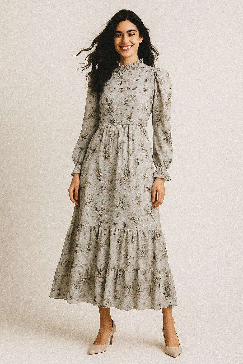 Royal Vintage Greyish Leafs Digital Printed Fabric - Japan Satin