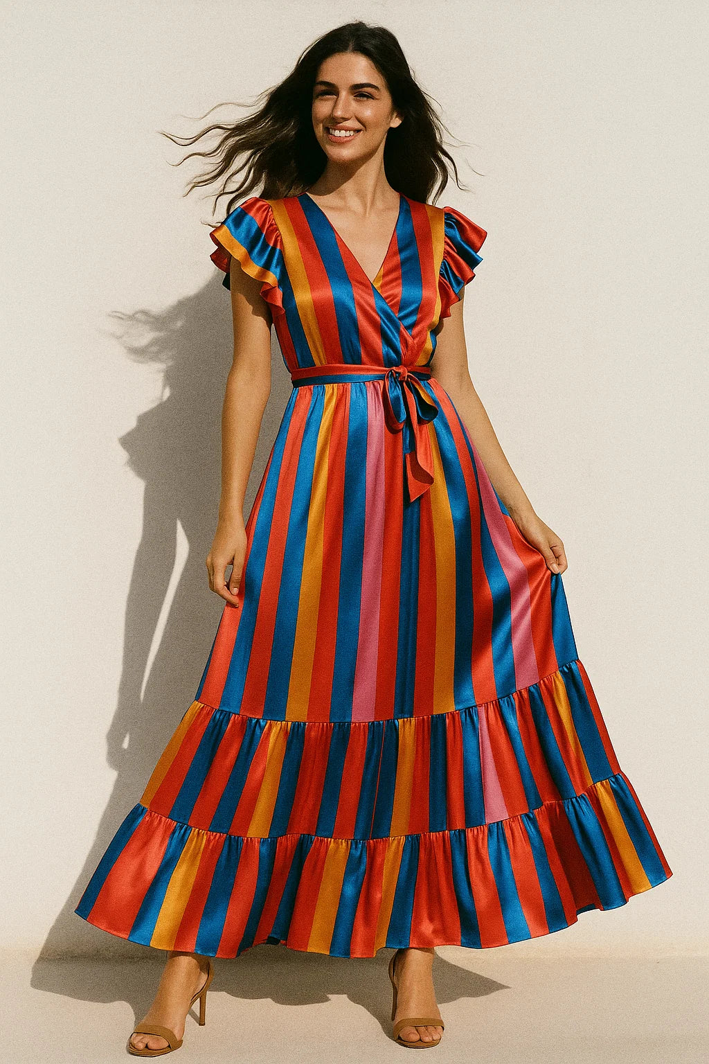 Rainbow Colourful Breton Stripes Digital Printed Fabric - Japan Satin