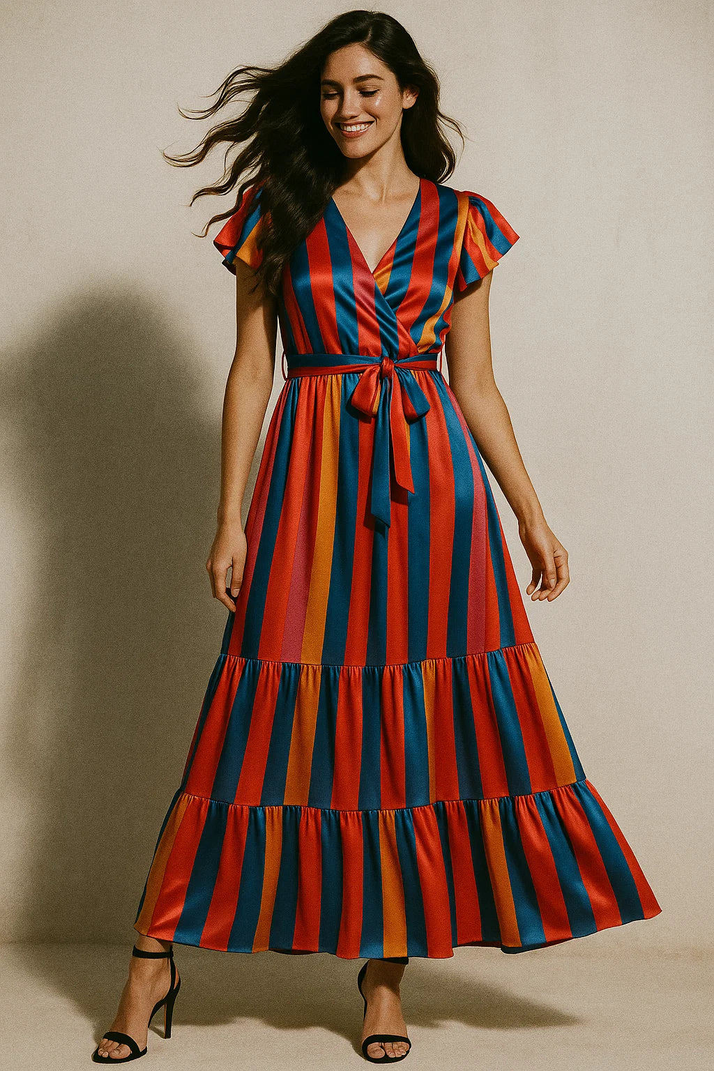 Rainbow Colourful Breton Stripes Digital Printed Fabric - Japan Satin