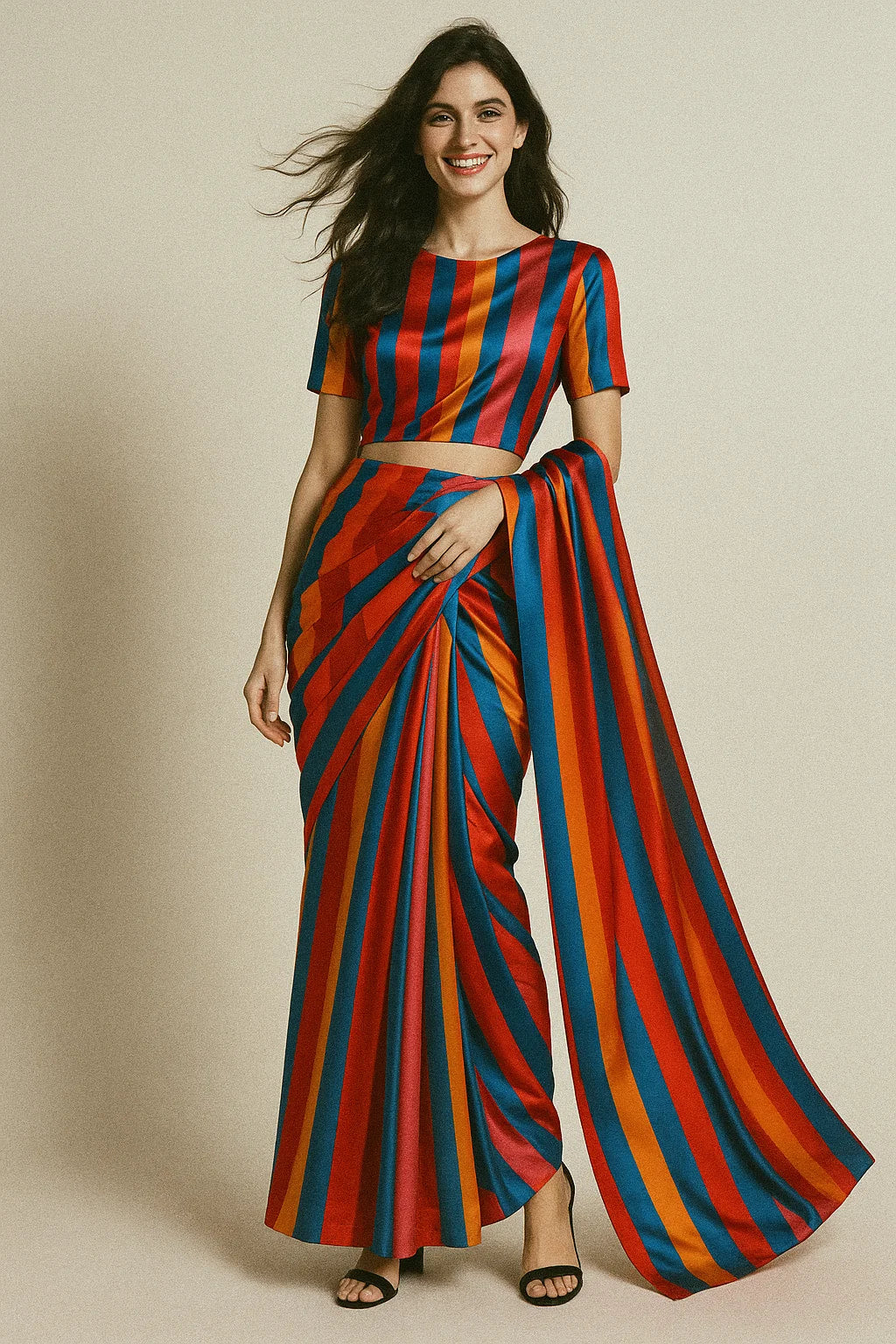 Rainbow Colourful Breton Stripes Digital Printed Fabric - Japan Satin