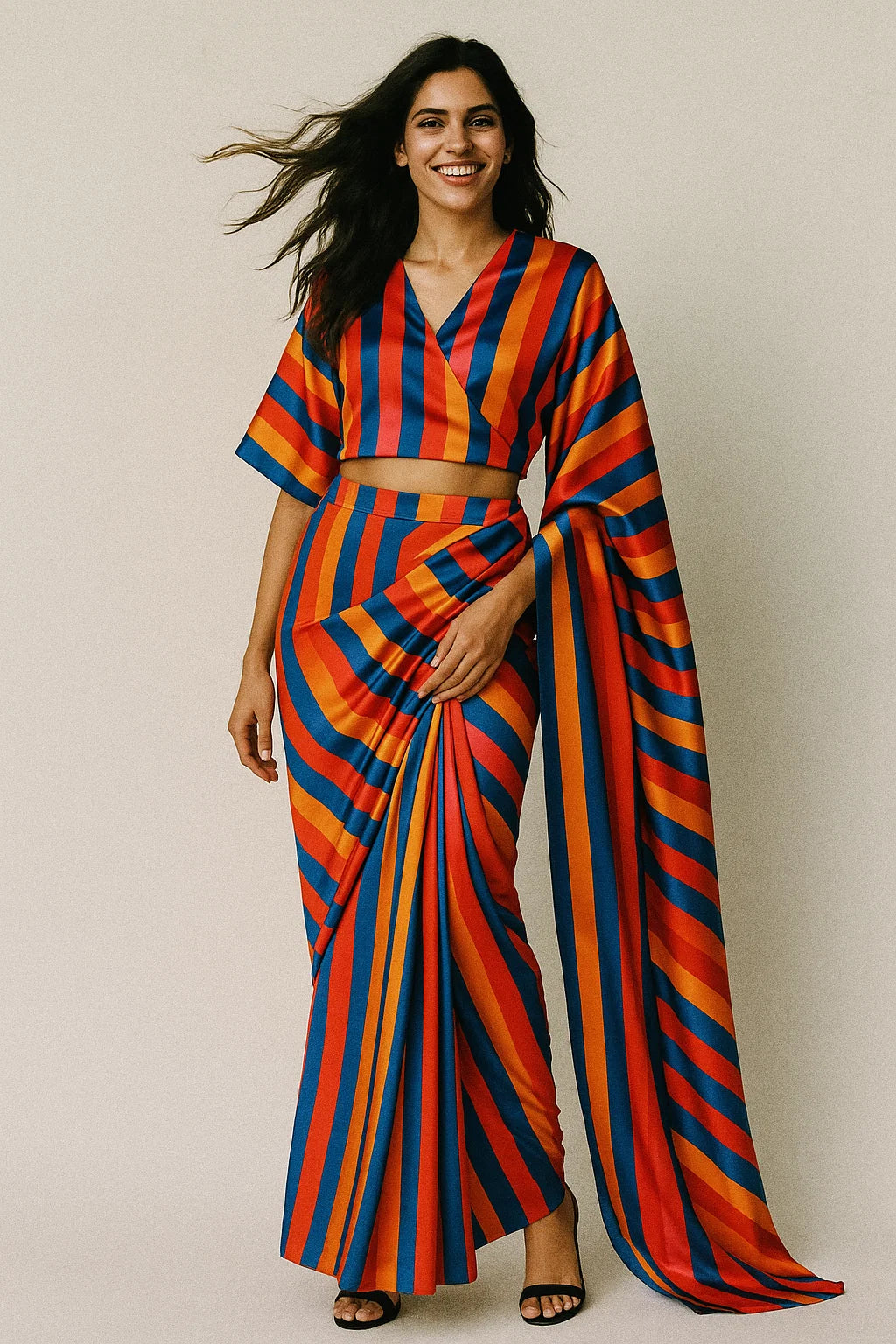 Rainbow Colourful Breton Stripes Digital Printed Fabric - Japan Satin