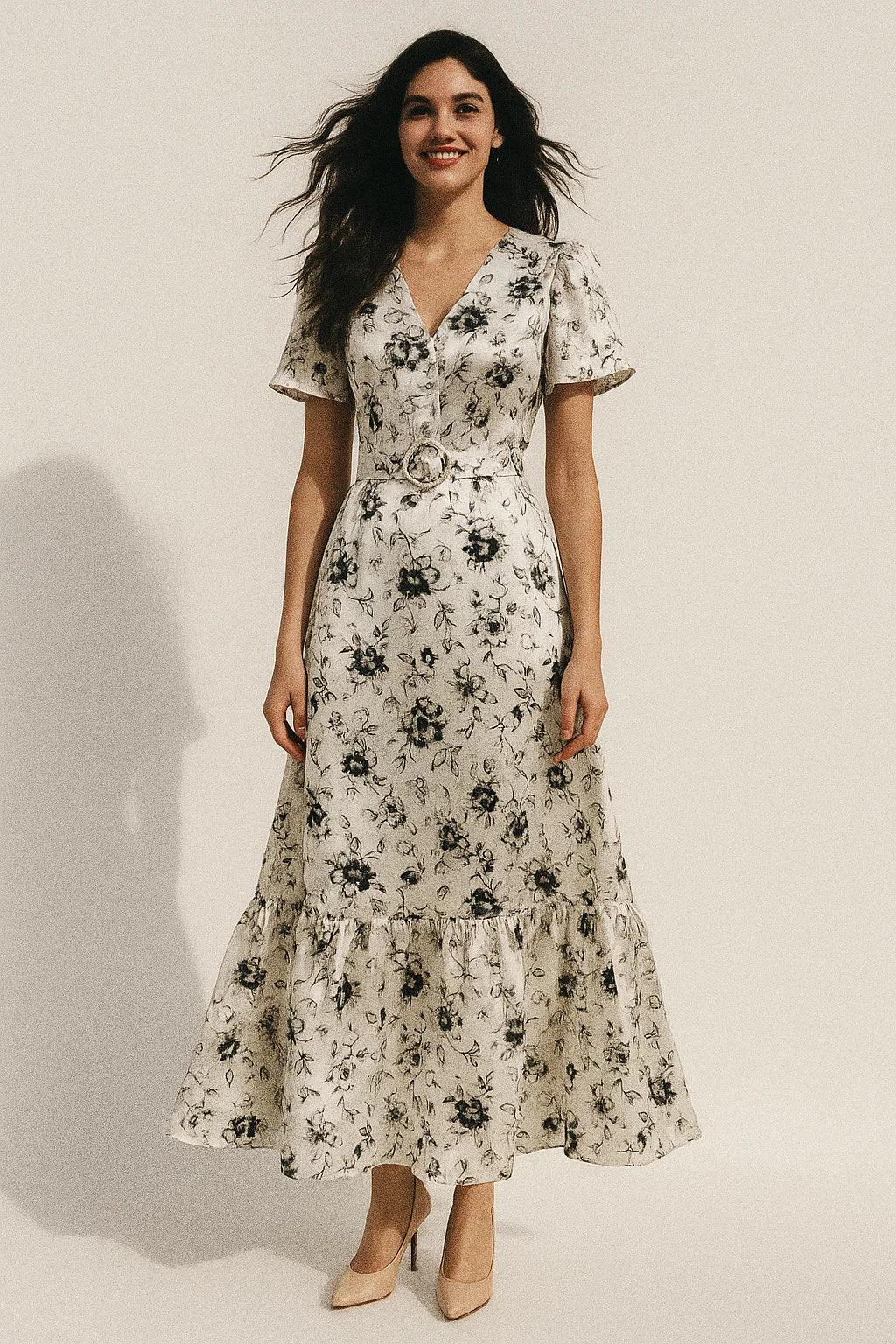 Black And White Orchid Digital Printed Fabric - Japan Satin