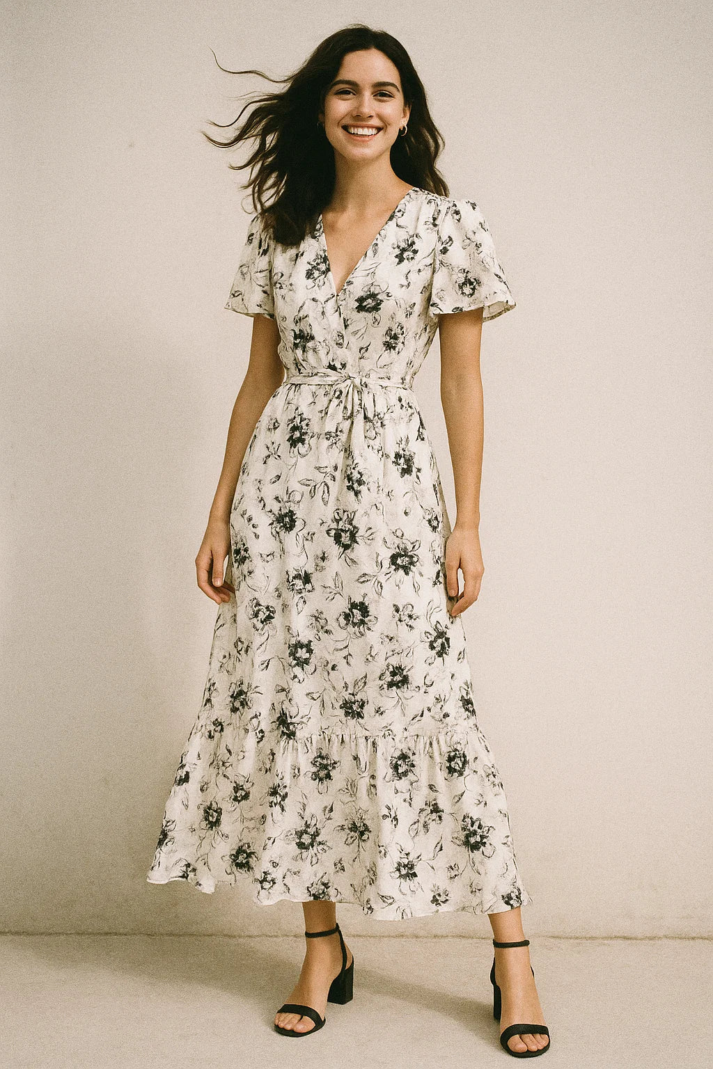 Black And White Orchid Digital Printed Fabric - Japan Satin