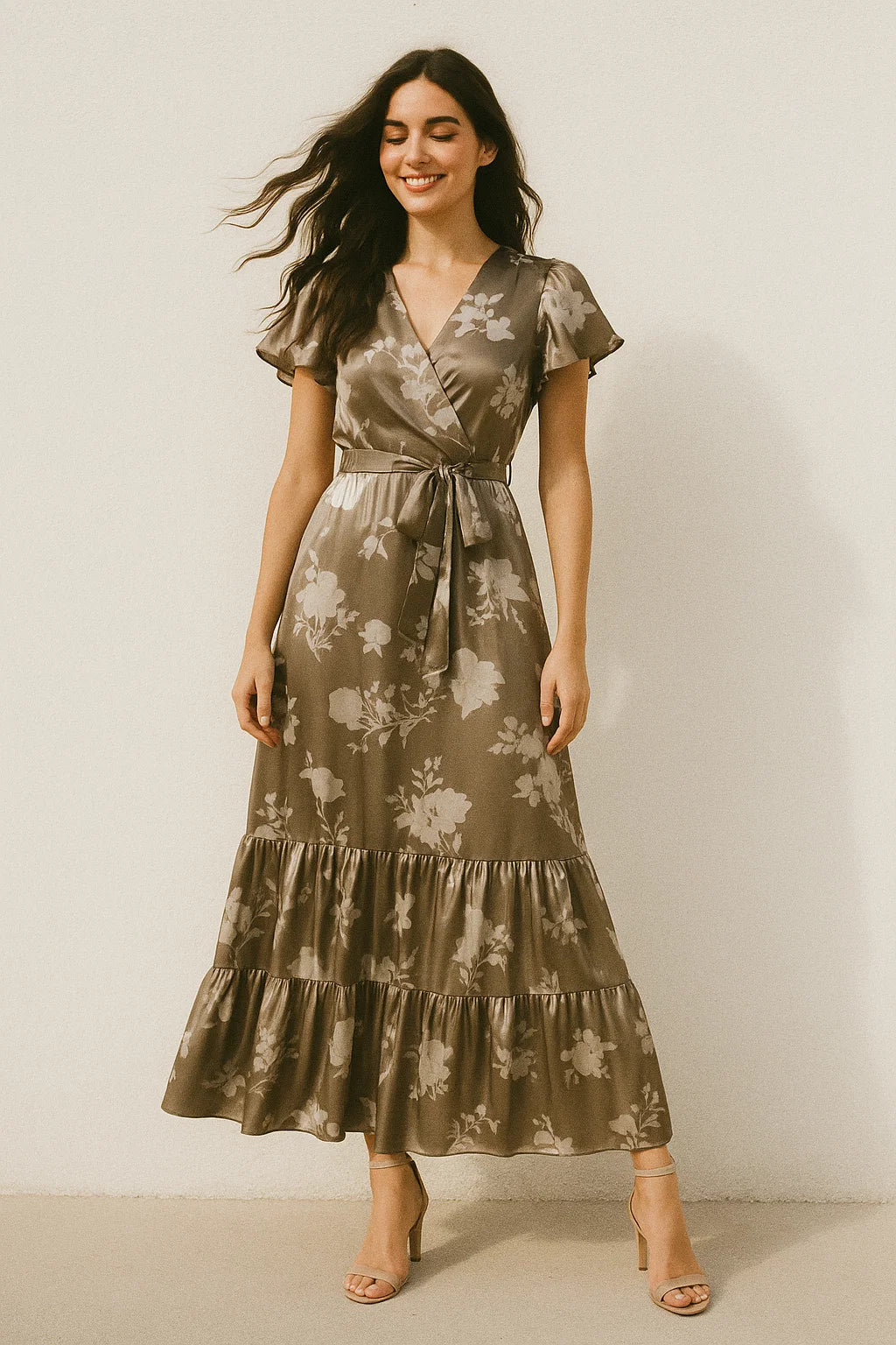 Beautiful Brown Floral Branch Digital Printed Fabric - Japan Satin