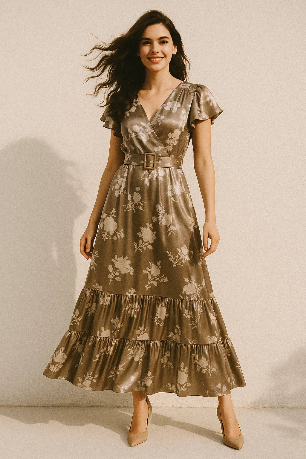 Beautiful Brown Floral Branch Digital Printed Fabric - Japan Satin