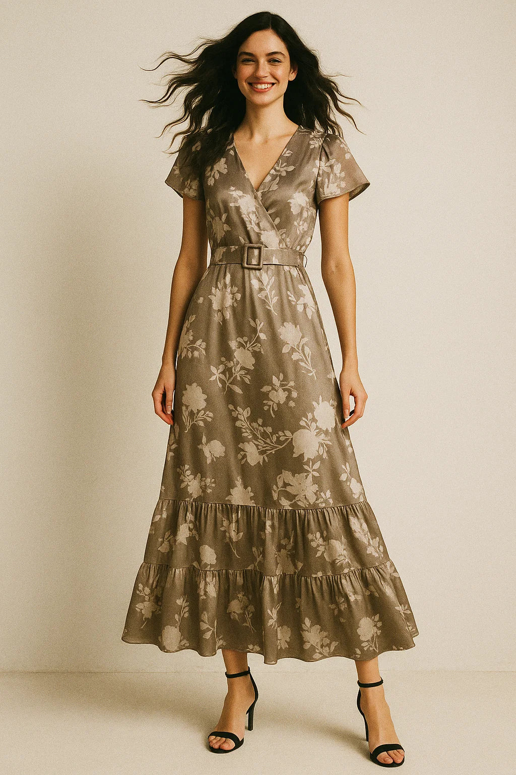 Beautiful Brown Floral Branch Digital Printed Fabric - Japan Satin