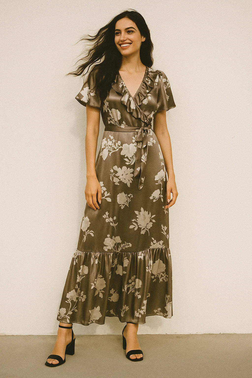 Beautiful Brown Floral Branch Digital Printed Fabric - Japan Satin