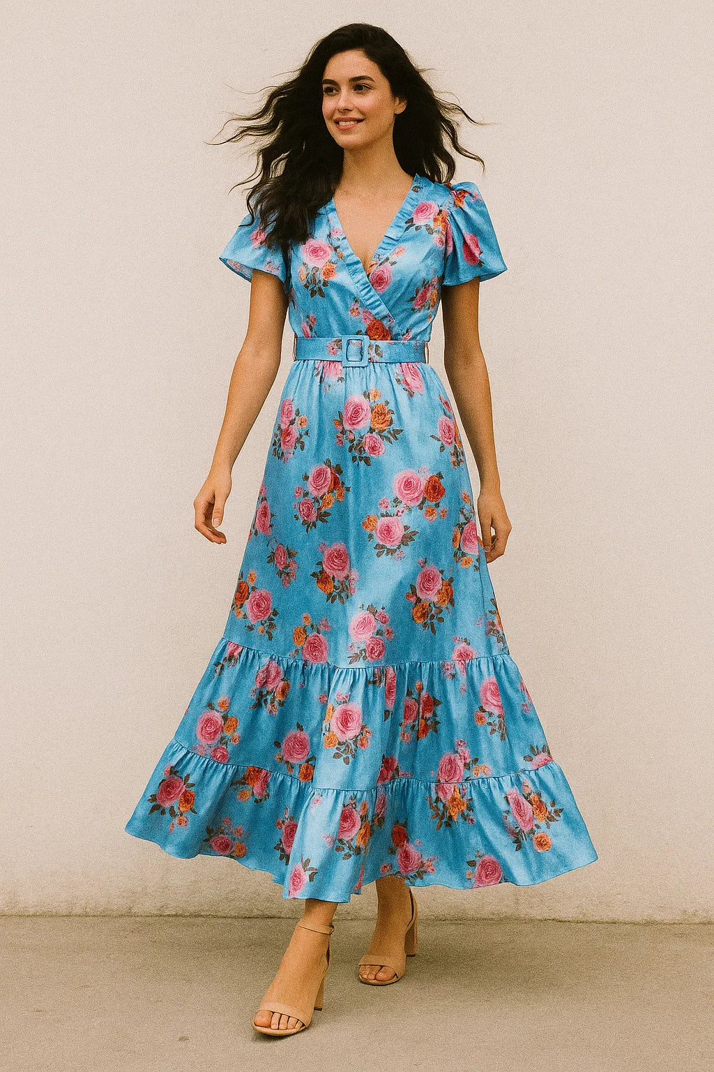 Blissful Pink Roses Digital Printed Fabric - Japan Satin